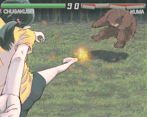 ymr, commentary, lowres, translated, 1girl, animal abuse, barefoot, bear, black hair, brown bear, fake screenshot, fighting game, foreshortening, forest, gameplay mechanics, hair bobbles, hair ornament, kicking, nature, oekaki, romaji text, short twintails, twintails