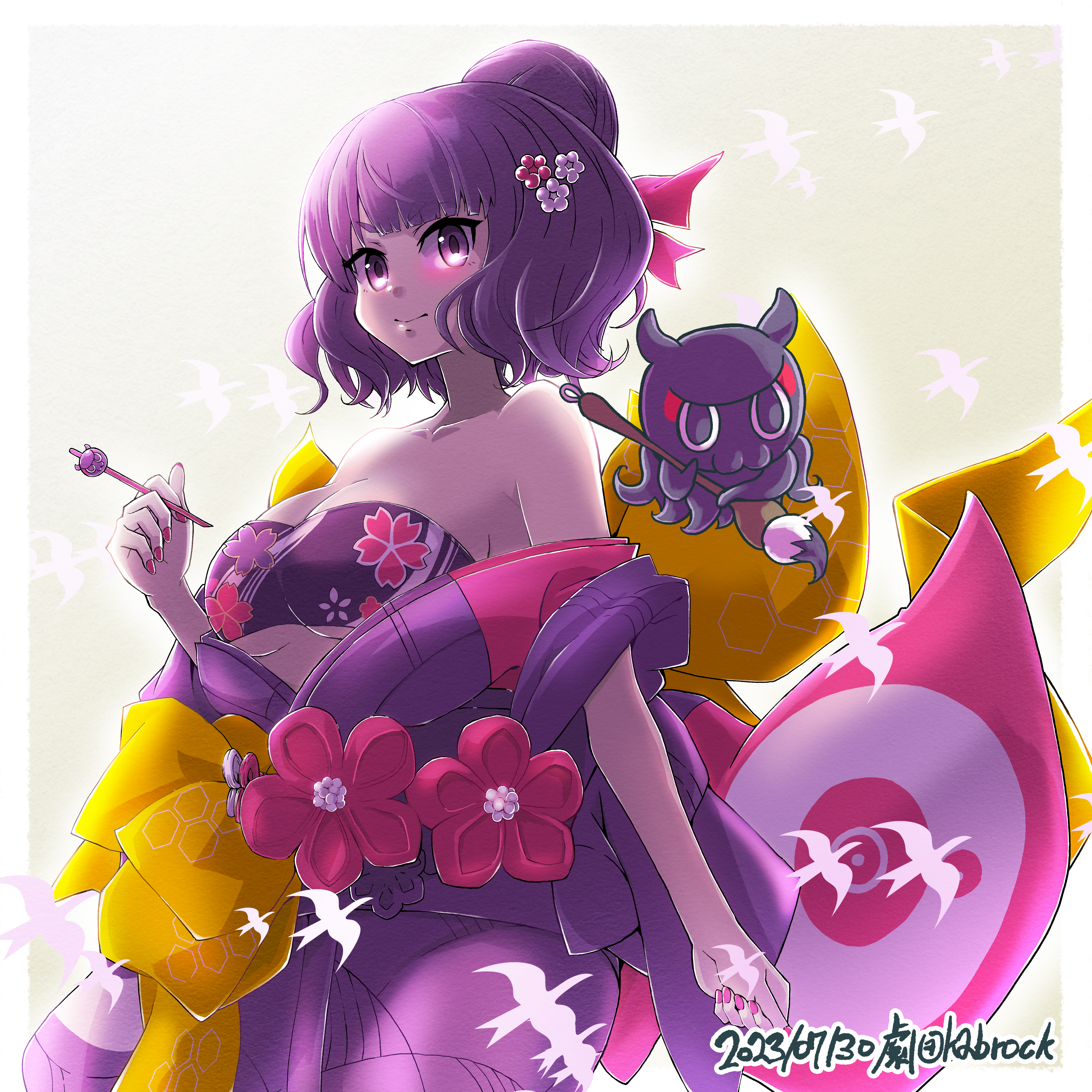gekidan kabrock, katsushika hokusai (fate), katsushika hokusai (second ascension) (fate), toto-sama (fate), fate/grand order, fate (series), absurdres, commentary, highres, 1girl, artist name, bare shoulders, bird, breasts, cleavage, dated, flower ornament, hair bun, holding, holding paintbrush, japanese clothes, kimono, looking at viewer, medium breasts, octopus, paintbrush, purple eyes, purple hair, purple kimono, red kimono, sash, short hair, single hair bun, two-tone kimono, v-shaped eyebrows, white bird, yellow sash