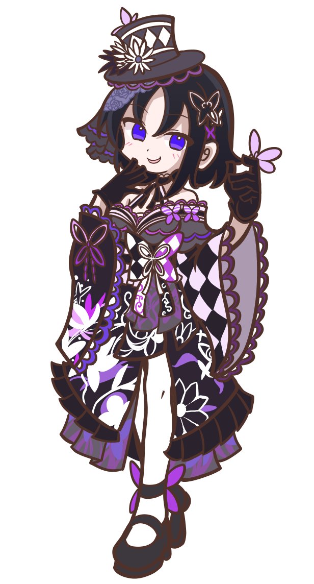 shinmon akika, houshou margo, mahou shoujo no majo saiban, puyopuyo, commentary request, 1girl, bare shoulders, black gloves, black hair, black kimono, black shoes, bug, butterfly, butterfly hair ornament, flower, full body, gloves, hair ornament, hands up, hat, hat flower, insect, japanese clothes, kimono, lolita fashion, long sleeves, looking at viewer, magical girl, open mouth, pantyhose, parody, parted bangs, purple butterfly, purple eyes, shoes, short hair, simple background, smile, solo, standing, style parody, takenami hideyuki (style), top hat, wa lolita, white background, white pantyhose, wide sleeves