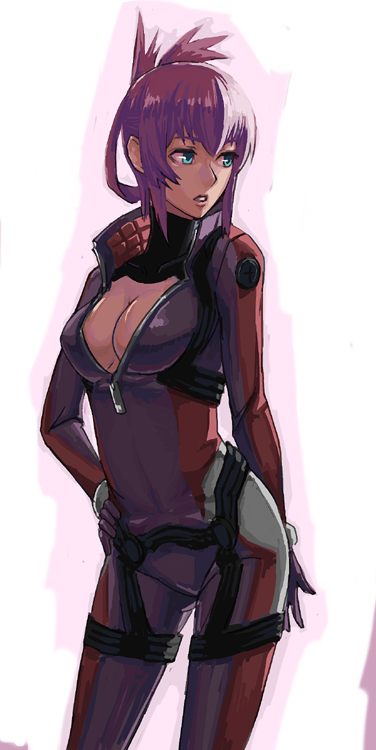 utu (ldnsft), amanda werner, blassreiter, 00s, 1girl, bodysuit, breasts, cleavage, female focus, hair up, hand on own hip, hip focus, open clothes, open shirt, pink hair, red hair, shirt, solo