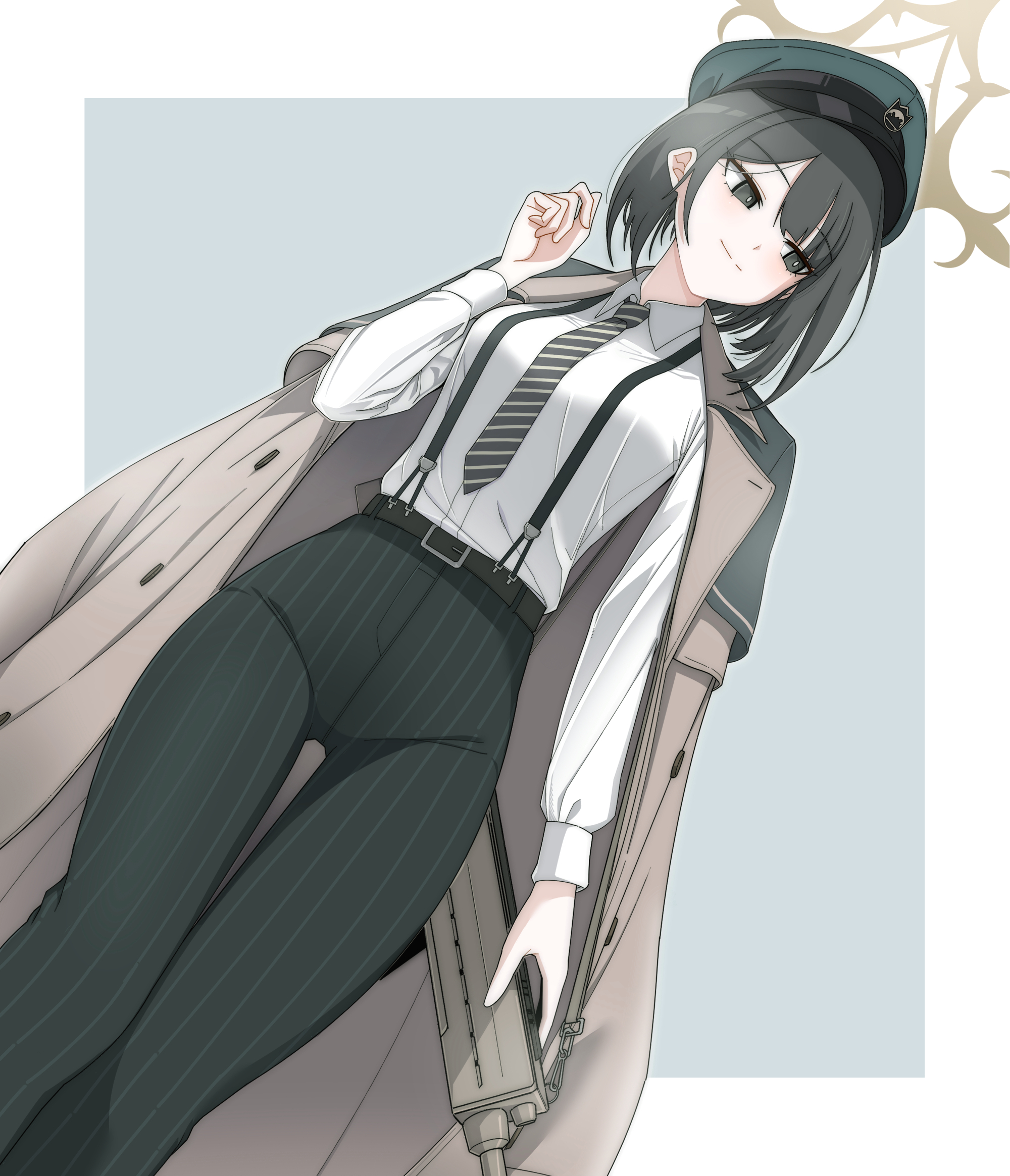 js 71535, blue archive, highres, 1girl, black eyes, black necktie, brown halo, coat, coat on shoulders, diagonal-striped clothes, diagonal-striped necktie, green hat, halo, hat, high-waist pants, hiromi (blue archive), necktie, pants, peaked cap, smile, solo, striped clothes, striped necktie, striped pants, vertical-striped clothes, vertical-striped pants