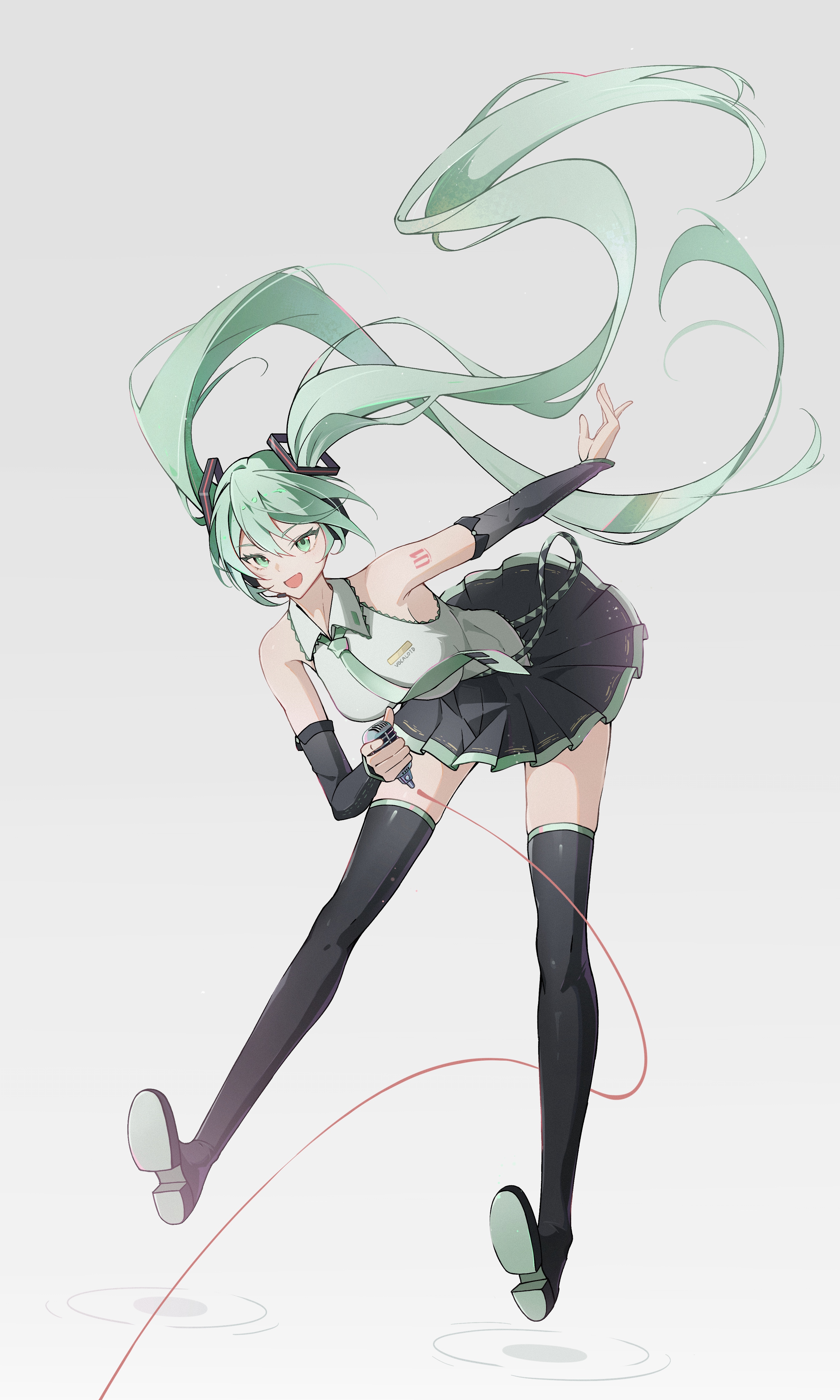 zhutou 333, hatsune miku, vocaloid, absurdres, chinese commentary, commentary request, highres, 1girl, aqua eyes, aqua hair, bent over, black skirt, black thighhighs, boots, detached sleeves, floating hair, full body, green necktie, green shirt, grey background, holding, holding microphone, long hair, microphone, necktie, open mouth, pleated skirt, shirt, simple background, skirt, sleeveless, sleeveless shirt, smile, solo, thigh boots, thighhighs, twintails, very long hair