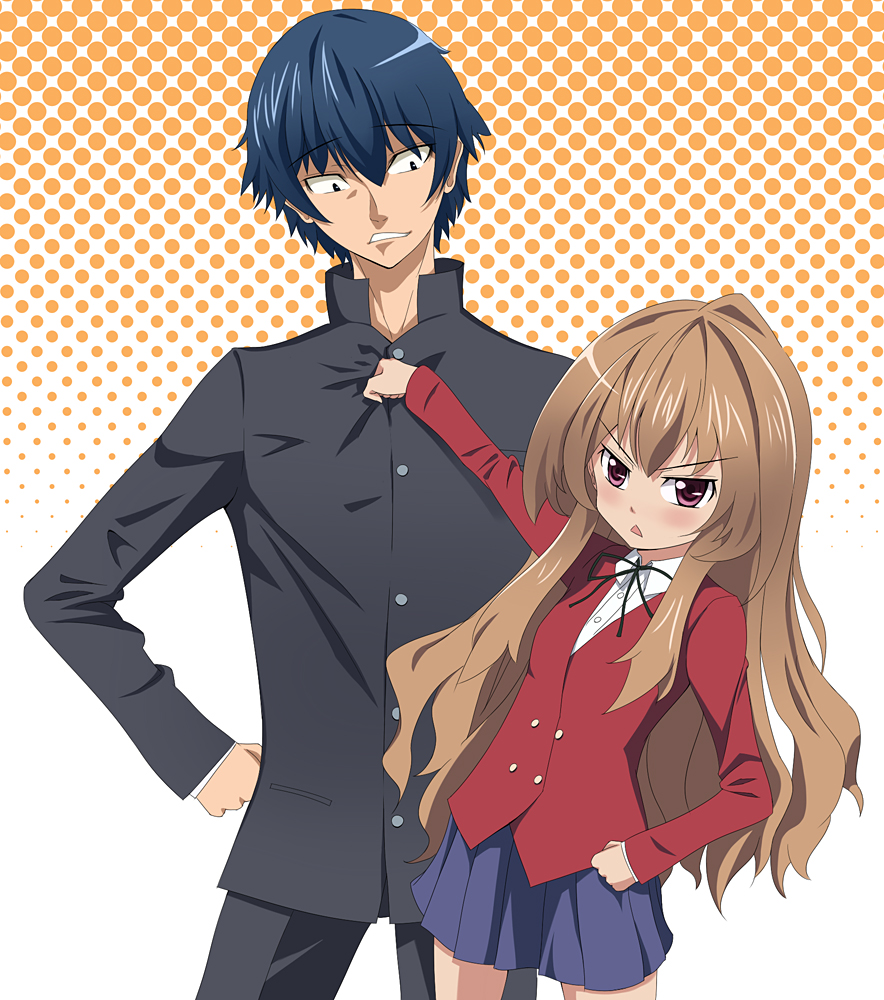 gogochi, aisaka taiga, takasu ryuuji, toradora!, bad id, bad pixiv id, 00s, blue hair, brown hair, gakuran, long hair, red eyes, school uniform, serafuku