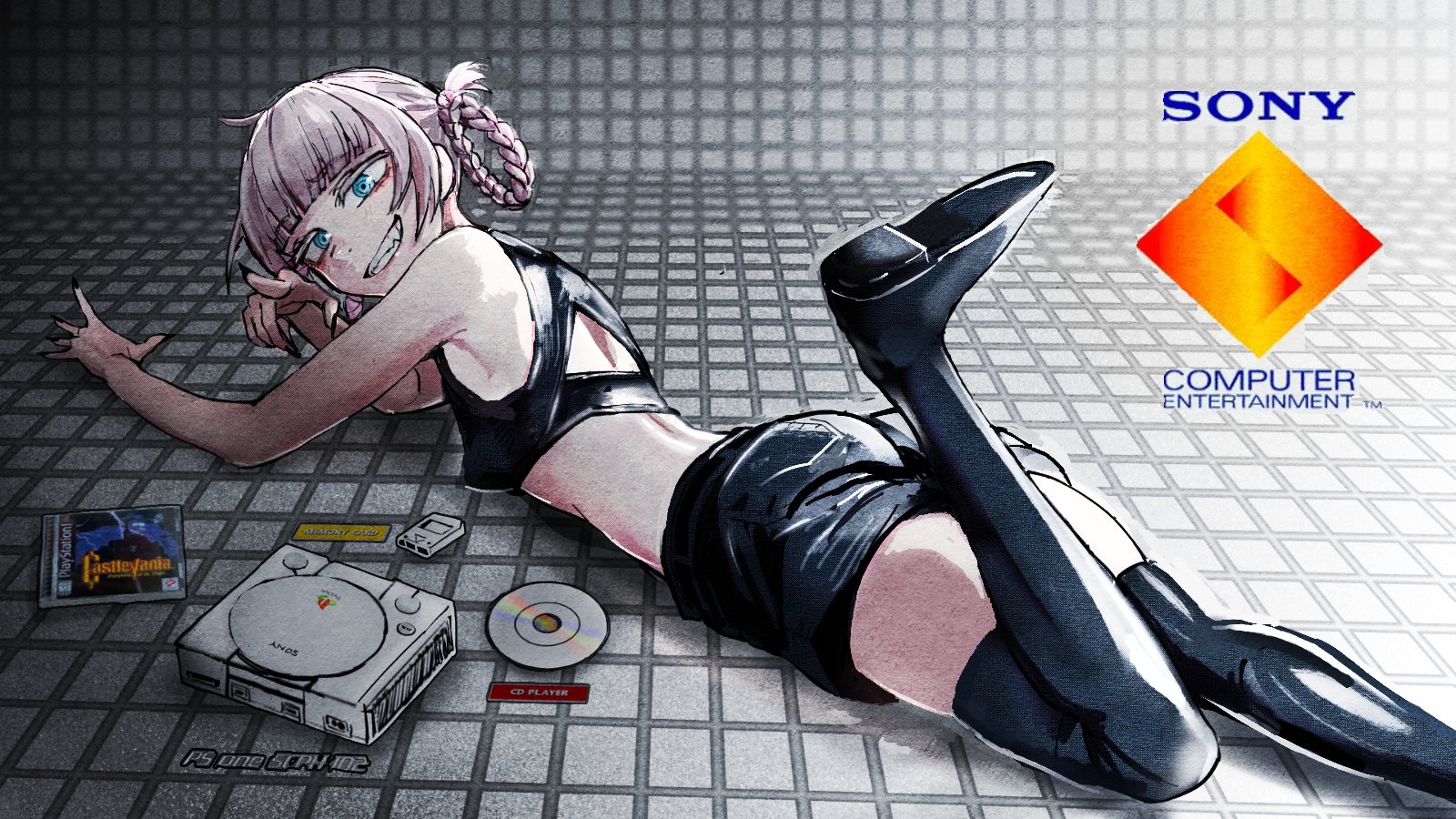 reiquant, nanakusa nazuna (yofukashi no uta), castlevania: symphony of the night, castlevania (series), sony, yofukashi no uta, highres, 1girl, ass, black boots, black nails, black shirt, black shorts, blue eyes, blunt bangs, boots, braid, braided hair rings, breasts, cd, colored eyelashes, crop top, foot out of frame, foot up, game console, grin, hair rings, looking at viewer, lying, memory card, nail polish, on stomach, playstation 1, pointing, pointing at viewer, purple hair, shirt, shoe soles, shorts, sleeveless, sleeveless shirt, small breasts, smile, solo, thigh boots, very long fingernails