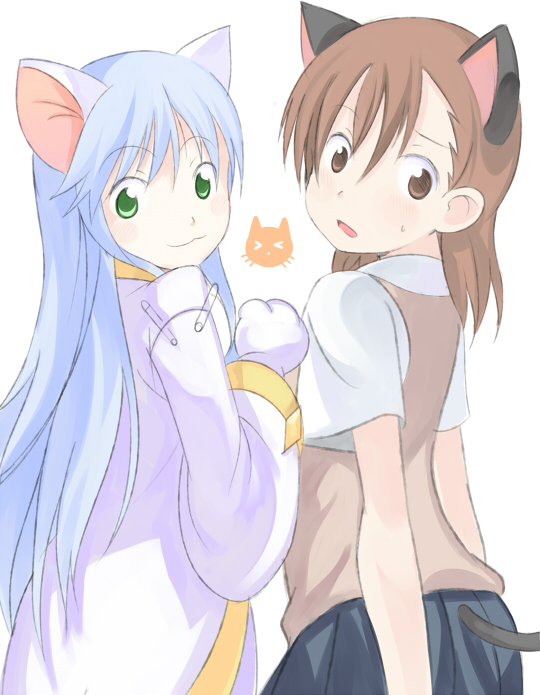 enoki p, index (toaru majutsu no index), misaka mikoto, toaru majutsu no index, bad id, bad pixiv id, 00s, animal ears, animal hands, blue hair, brown eyes, brown hair, cat ears, cat tail, green eyes, kemonomimi mode, long hair, robe, school uniform, serafuku, tail