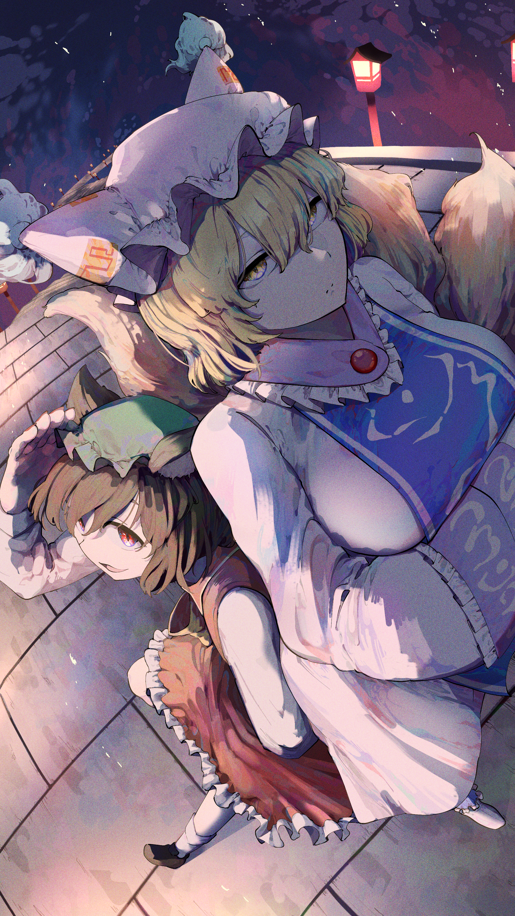 yuara, chen, yakumo ran, touhou, absurdres, highres, 2girls, animal ears, back-to-back, blonde hair, blue tabard, breasts, brown hair, cat ears, cat girl, dress, expressionless, fox girl, fox tail, frills, from above, hair between eyes, hat, kitsune, kyuubi, large breasts, long sleeves, medium hair, multiple girls, multiple tails, own hands together, red dress, red eyes, shirt, smile, tabard, tail, white dress, white shirt, yellow eyes