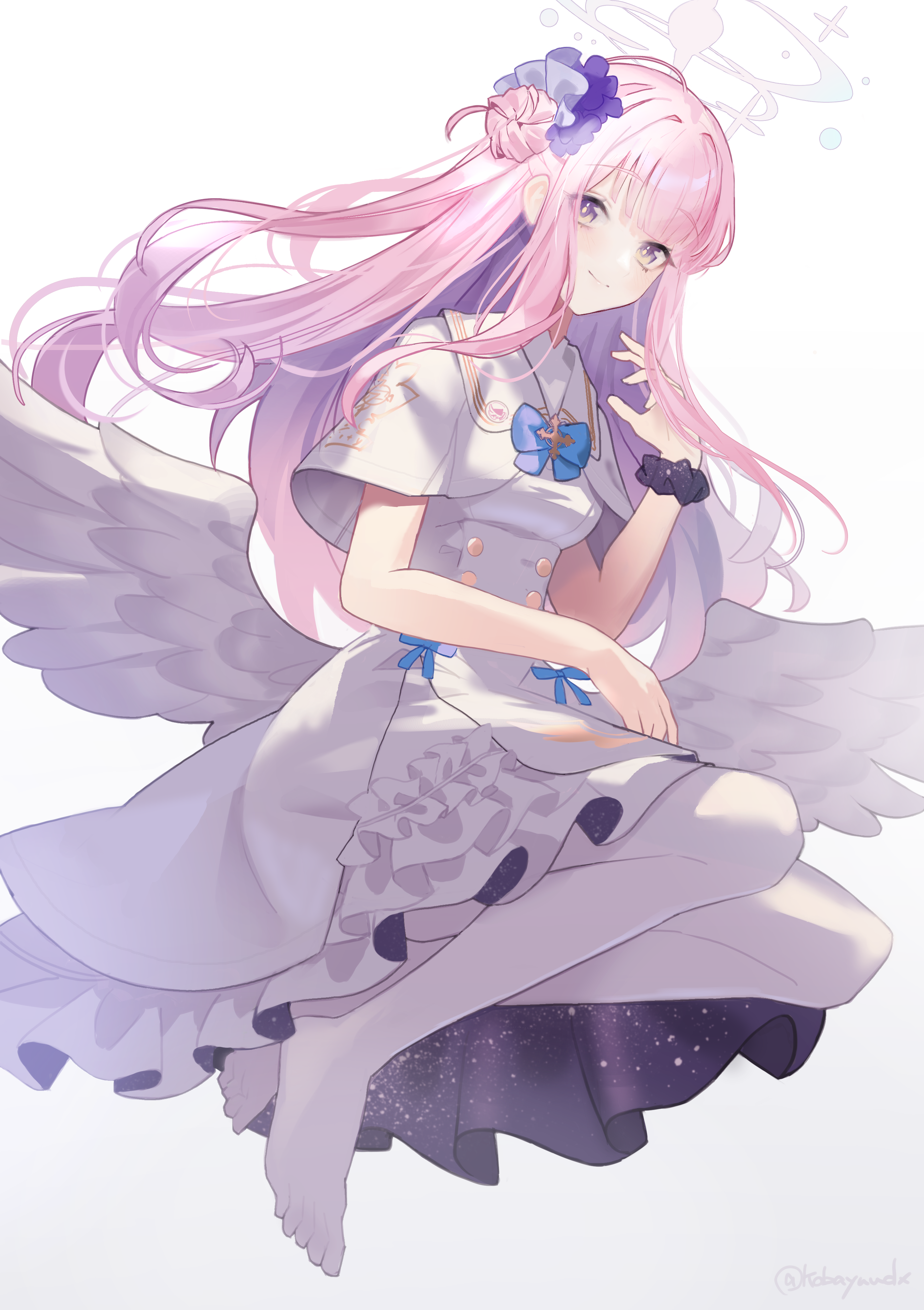 kobayuu, mika (blue archive), blue archive, absurdres, highres, 1girl, angel wings, breasts, capelet, closed mouth, dress, falling feathers, feathered wings, feathers, flower, gold trim, hair between eyes, hair bun, hair flower, hair ornament, halo, light blush, long hair, looking at viewer, low wings, medium breasts, pink hair, pink halo, purple eyes, simple background, single hair bun, single side bun, smile, solo, very long hair, white background, white capelet, white dress, white wings, wings, wrist cuffs
