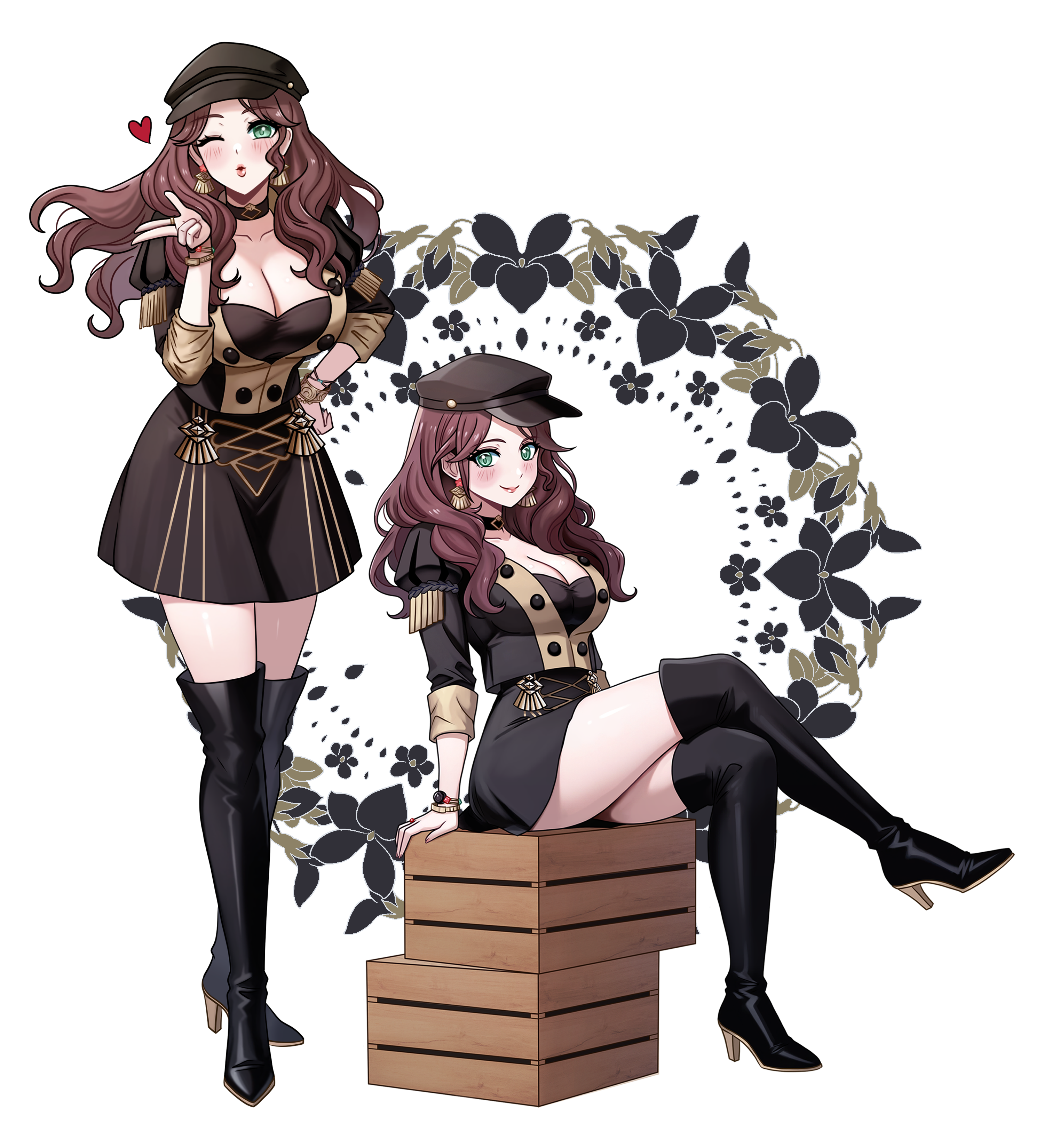 rein creamsoda, dorothea arnault, fire emblem, fire emblem: three houses, nintendo, absurdres, commission, commissioner upload, highres, non-web source, 1girl, ;o, black boots, black choker, black hat, black shirt, black skirt, blowing kiss, blush, boots, box, bracelet, breasts, brown hair, choker, cleavage, closed mouth, crossed legs, earrings, floral background, full body, garreg mach monastery uniform, green eyes, hand on own hip, hand up, hat, heart, high heel boots, high heels, jewelry, juliet sleeves, large breasts, leaning forward, long hair, long sleeves, looking at viewer, multiple views, on box, one eye closed, puckered lips, puffy sleeves, ring, shirt, simple background, sitting, sitting on box, skirt, smile, thick thighs, thigh boots, thighs, three-quarter sleeves, white background, wooden box