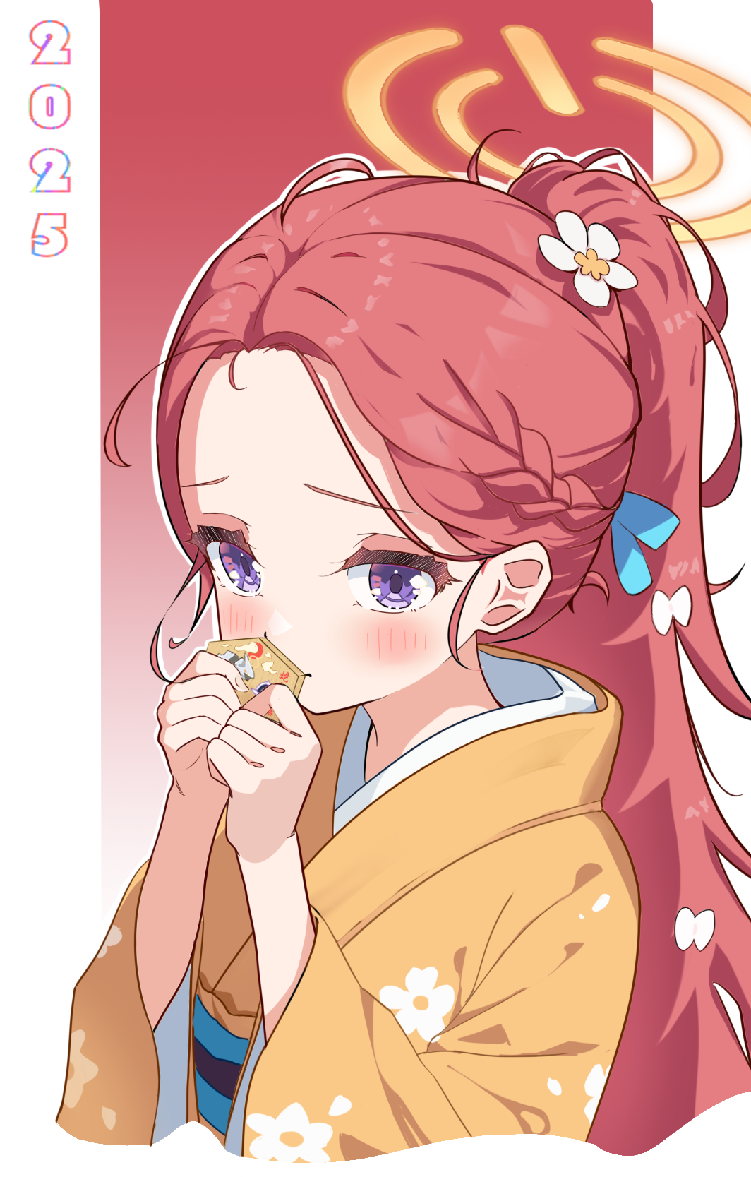 nongsuo yuzu, yuzu (blue archive), blue archive, chinese commentary, commentary request, highres, 1girl, 2025, blue bow, blush, bow, floral print, floral print kimono, flower, forehead, gradient background, hair bow, hair flower, hair ornament, halo, holding, japanese clothes, kimono, long hair, long sleeves, orange halo, parted bangs, print kimono, purple eyes, red background, red hair, solo, two-tone background, upper body, very long hair, white background, white bow, white flower, wide sleeves, yellow halo, yellow kimono