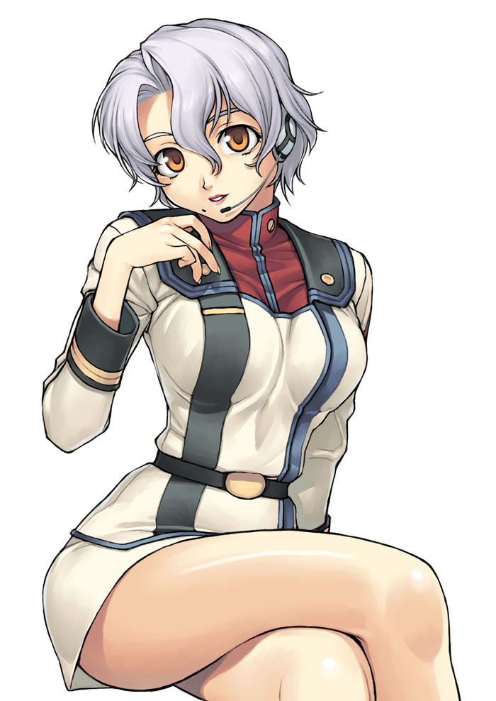 tanaka shoutarou, sally ford, macross, macross 7, uniform, 1990s (style), brown eyes, crossed legs, legs, microphone, mole, retro artstyle, short hair, sitting, solo, thighs