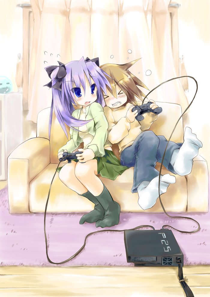 sakanaya nakasa, hiiragi kagami, kusakabe misao, lucky star, > <, 00s, 2girls, blue eyes, brown hair, closed eyes, controller, couch, game console, game controller, gamepad, multiple girls, playing games, playstation 2, purple hair, socks, video game
