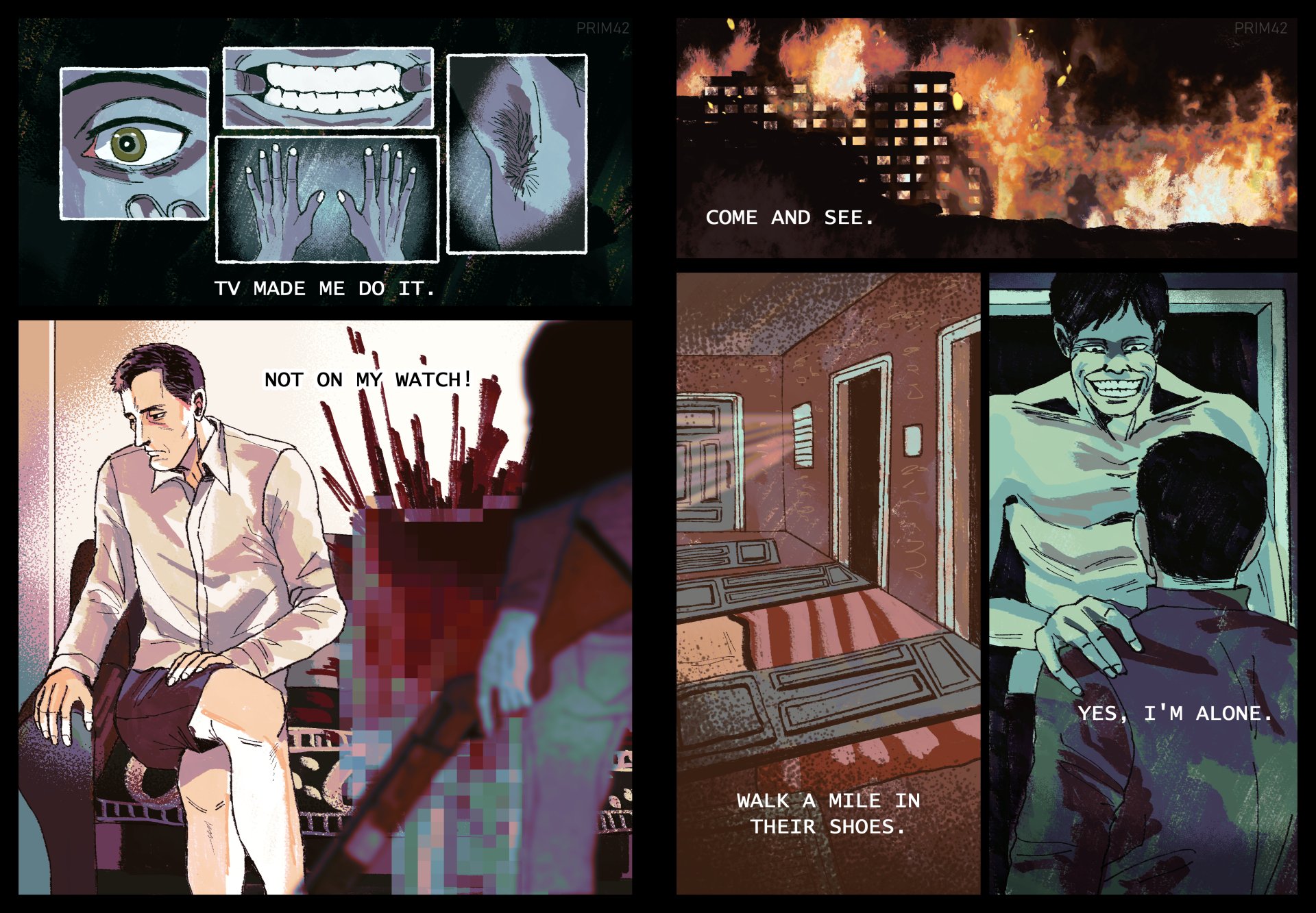 highres, 3boys, armpit hair, black hair, black shirt, black shorts, blood, blood splatter, brown hair, burning, censored, close-up, couch, crossed legs, english text, grin, gun, hand on another's shoulder, holding, holding gun, holding weapon, house, intruder (no i'm not a human), male focus, mosaic censoring, multiple boys, no i'm not a human, on couch, primfourtwo, protagonist (no i'm not a human), shirt, short hair, shorts, sitting, smile, tall guy (no i'm not a human), teeth, topless male, weapon, white shirt