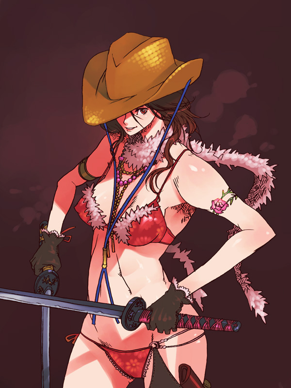 g-room honten, aya (oneechanbara), oneechanbara, 1girl, bikini, brown hair, cowboy hat, cowboy western, dual wielding, female focus, gloves, hat, holding, jewelry, katana, long hair, necklace, red bikini, red eyes, solo, swimsuit, sword, weapon