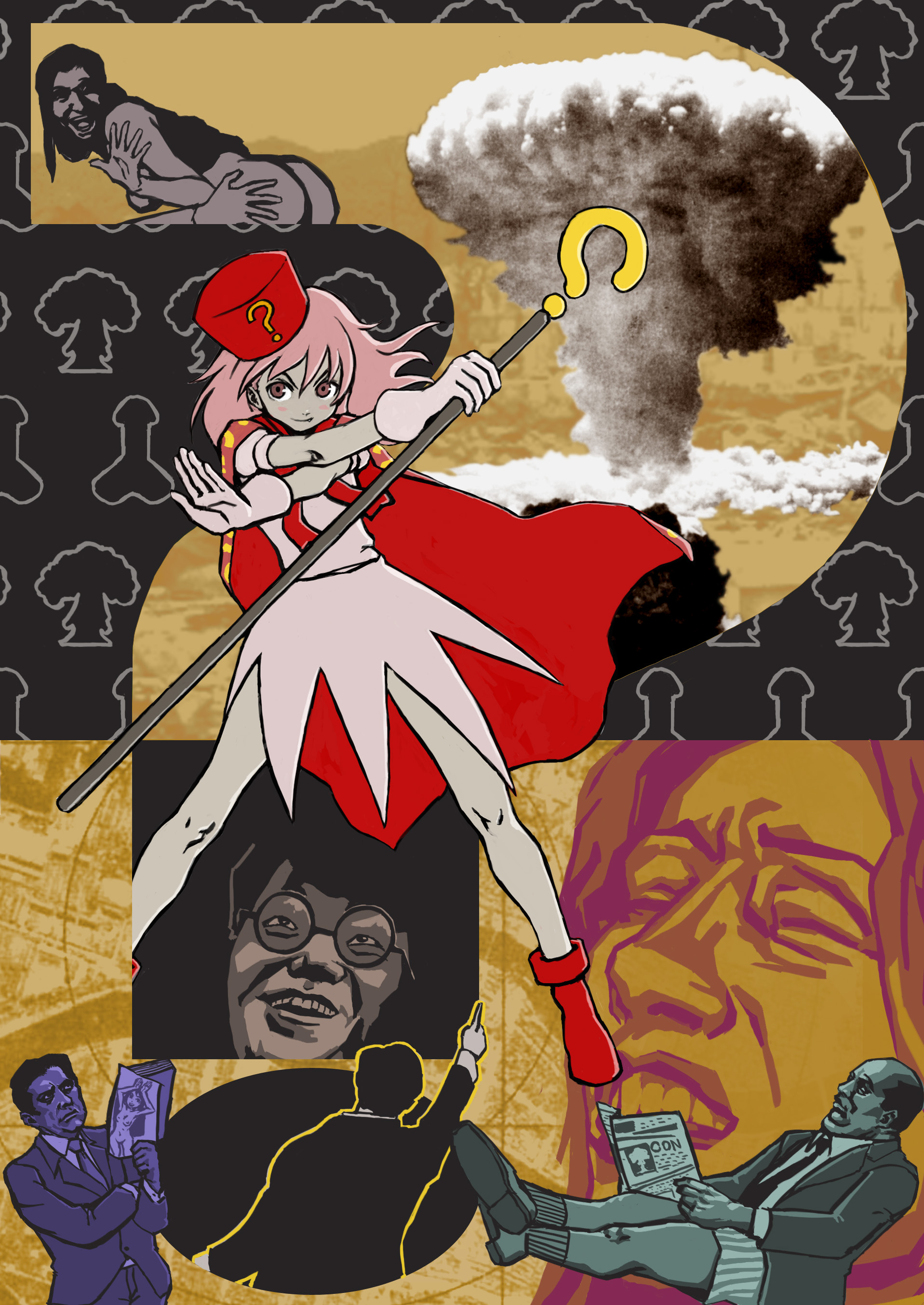 nababa, hatena yousei, benesse, absurdres, bad id, bad pixiv id, highres, 1girl, ?, bomb, caramelldansen, explosion, explosive, glasses, multiple boys, mushroom cloud, nuclear explosion, nuclear weapon, phallic symbol, pink hair, pornography, weapon of mass destruction, what