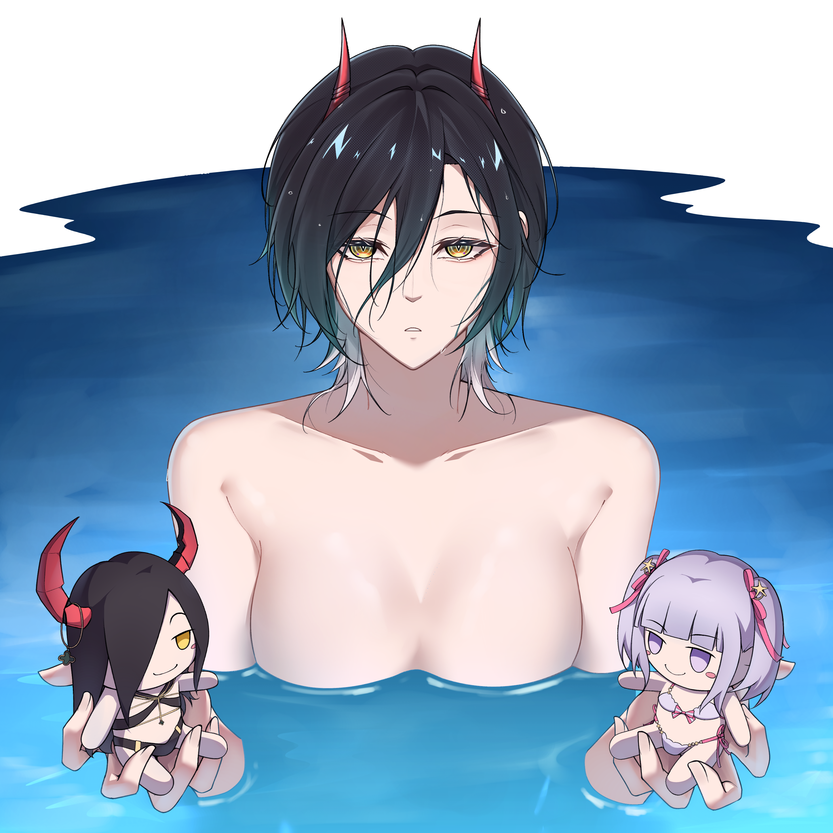 xuwasoo, friedrich der grosse (azur lane), plymouth (azur lane), plymouth (heart-throbbing refreshment) (azur lane), ulrich von hutten (azur lane), azur lane, absurdres, highres, 1girl, black hair, breasts, character doll, cleavage, doll, expressionless, hair between eyes, horns, medium breasts, medium hair, multicolored hair, nude, official alternate costume, parted lips, pool, slit pupils, solo, two-tone hair, upper body, wet, wet hair, white hair, yellow eyes
