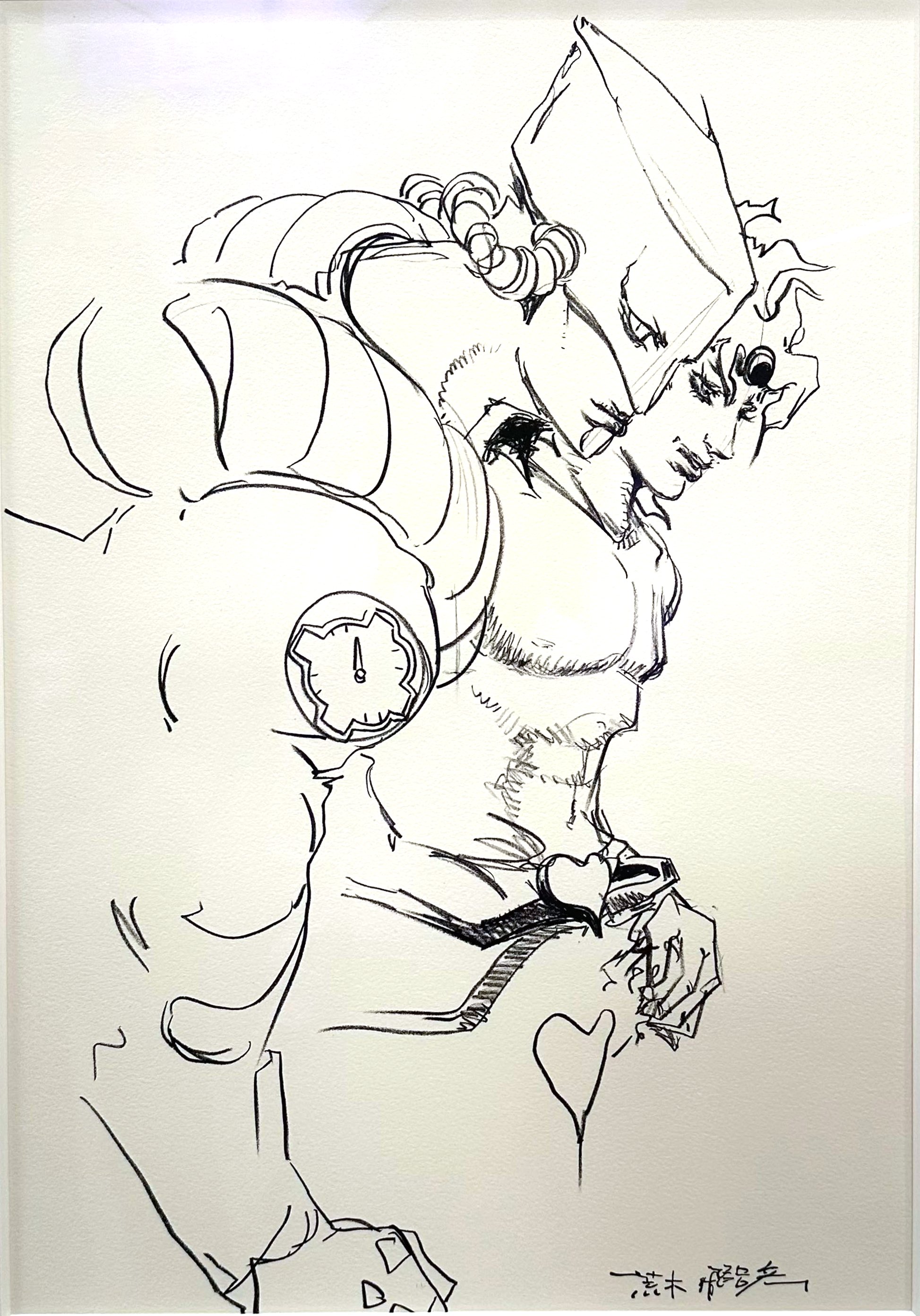 araki hirohiko, dio brando, the world, jojo no kimyou na bouken, stardust crusaders, absurdres, commentary, english commentary, highres, official art, second-party source, traditional media, 1boy, 1other, abs, cloak, greyscale, hand on own hip, hatching (texture), headband, heart ornament, helmet, monochrome, pectorals, stand (jojo), topless male