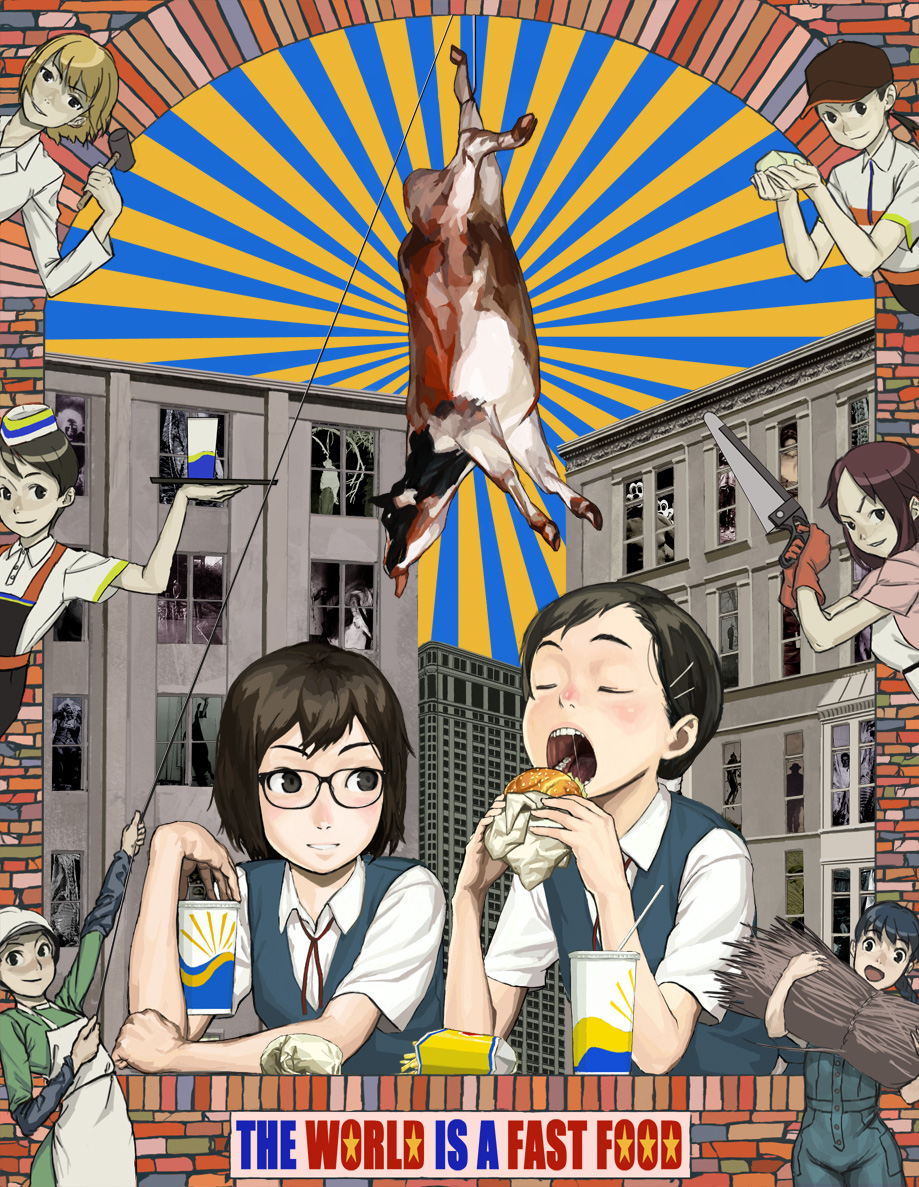 nababa, mickey mouse, original, 6+girls, burger, cow, eating, english text, engrish text, food, glasses, multiple girls, ranguage, school uniform, serafuku, short hair