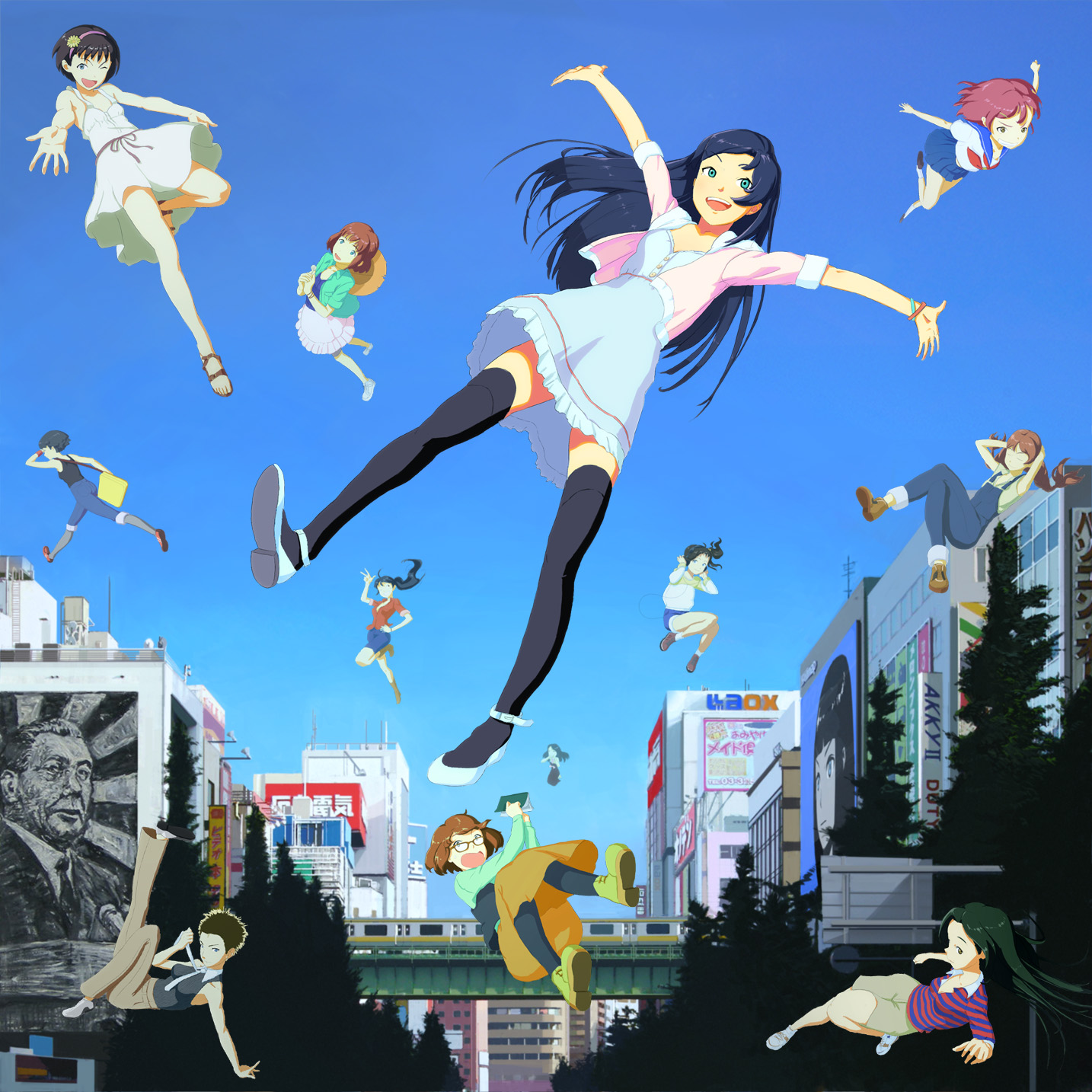nababa, original, black legwear, bad id, bad pixiv id, highres, 1boy, 6+girls, akihabara (tokyo), black hair, book, breasts, brown hair, city, day, dress, flying, glasses, hat, legs, long hair, multiple girls, one eye closed, open mouth, outdoors, outstretched arms, pleated skirt, red hair, school uniform, shoes, short hair, shorts, skirt, sky, sleeveless, small breasts, smile, straw hat, thighhighs, tokyo (city)