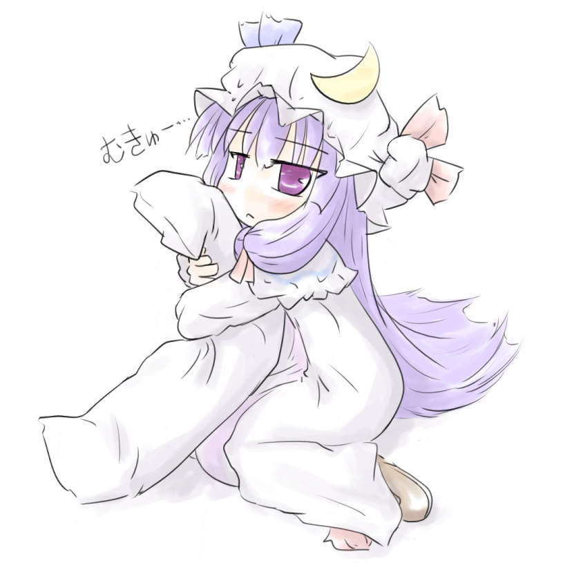 natsuki (silent selena), patchouli knowledge, touhou, bad id, bad pixiv id, translated, 1girl, :<, female focus, full body, hugging object, pillow, pillow hug, sitting, solo, white background