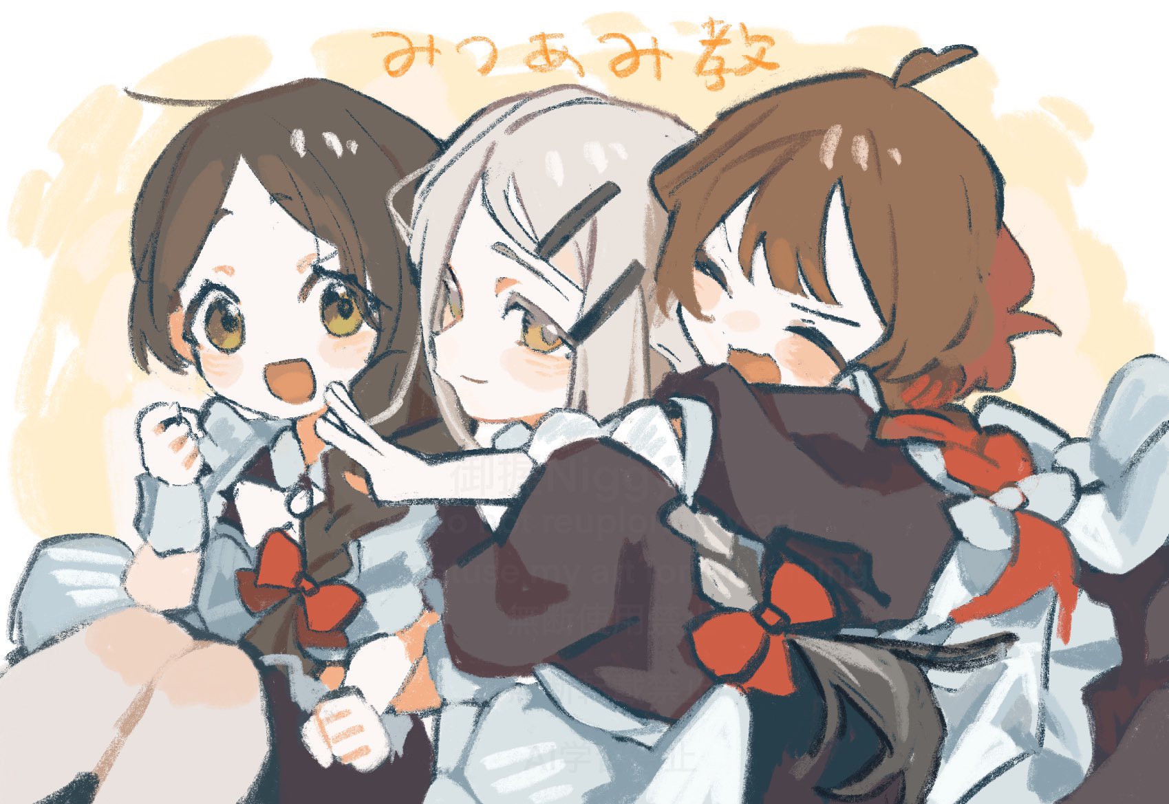 onigiri (vuhz5735), hanami ume, kuramoto china, shinosawa hiro, gakuen idolmaster, idolmaster, highres, 3girls, :3, :d, ahoge, alternate costume, apron, arms around neck, black dress, blush, border, bow, braid, brown eyes, brown hair, closed eyes, dress, enmaided, fang, frilled apron, frills, gradient hair, hair bow, hair ornament, hairpin, heads together, hug, hug from behind, knee blush, knees up, looking at another, lower body, maid, maid apron, multicolored hair, multiple girls, open mouth, orange eyes, parted bangs, puffy short sleeves, puffy sleeves, short hair, short sleeves, side braid, single braid, sitting, skin fang, smile, white apron, white border, wrist cuffs