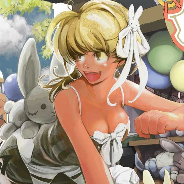 kitajima, 1girl, balloon, blonde hair, breasts, cleavage, female focus, large breasts, rabbit, solo