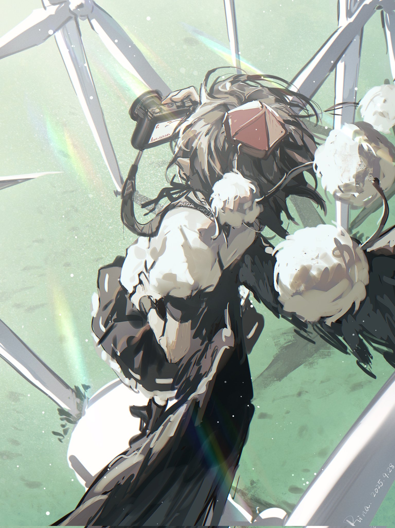 aihara-rina, shameimaru aya, touhou, highres, 1girl, black hair, black skirt, black wings, camera, from above, grass, hat, holding, holding camera, medium hair, pointy ears, pom pom (clothes), shirt, short sleeves, skirt, solo, tokin hat, white shirt, wind turbine, windmill, wings, wrist cuffs