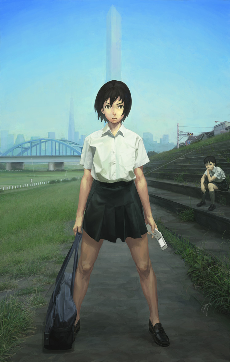 nababa, original, 1girl, bag, black hair, bridge, brown eyes, building, cellphone, cityscape, grass, legs, no socks, phone, riverbank, scenery, school uniform, serafuku, short hair, sitting, skirt, skyscraper, solo