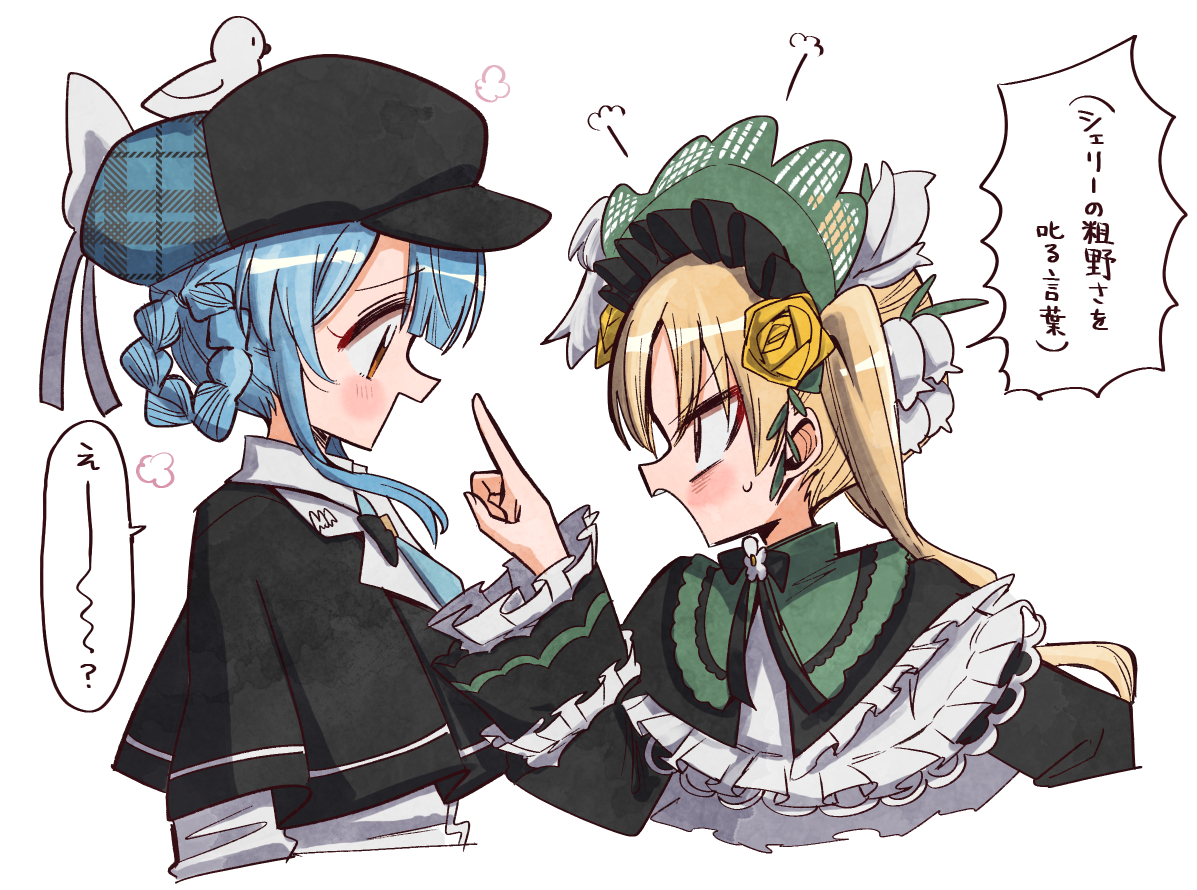 kudach i, tachibana sherry, toono hanna, mahou shoujo no majo saiban, commentary request, translation request, 2girls, angry, animal, animal on head, bird, bird on head, black capelet, black hat, blonde hair, blue hair, braid, braided hair rings, capelet, cropped torso, detective, flower, frilled capelet, frills, furrowed brow, green eyes, hair rings, hand up, hat, index finger raised, lolita fashion, long hair, long sleeves, looking at another, magical girl, multiple girls, neck ribbon, on head, open mouth, pointing, pointing at another, profile, ribbon, rose, short hair, simple background, smile, speech bubble, twintails, upper body, white background, yellow eyes, yellow flower, yellow rose