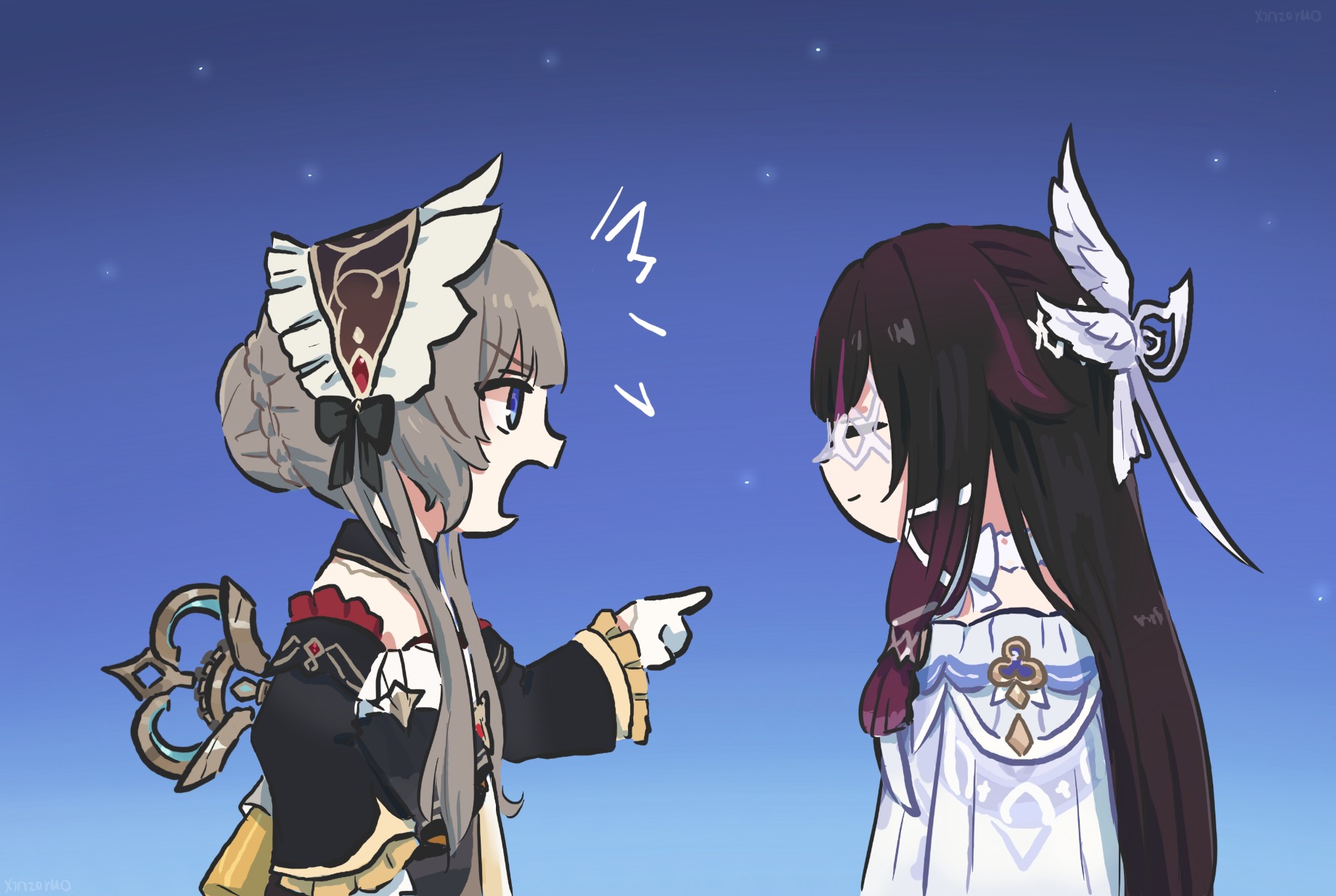 xinzoruo, columbina (genshin impact), sandrone (genshin impact), genshin impact, highres, 1girl, automaton (object), black dress, black hair, brown hair, closed eyes, closed mouth, detached sleeves, dress, facing another, gloves, light smile, long hair, long sleeves, looking at another, open mouth, pink hair, pointing, pointing at another, short hair with long locks, very long hair, white dress, white gloves, white headdress