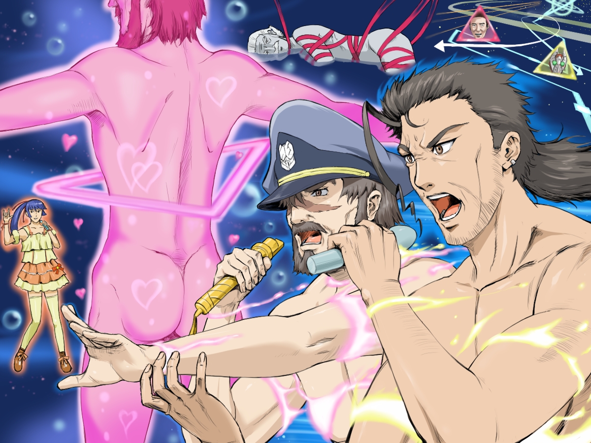 moljib, bilrer, jeffrey wilde, jeffrey wilder, kamen rider garren, ozma lee, saotome alto, alto, kamen rider, kamen rider blade (series), macross, macross frontier, arrow (projectile), ass, back, bara, beard, beard stubble, blue hair, brown hair, bubble, crossdressing, dress, earrings, fabulous, facial hair, glowing, hair over one eye, hat, heart, hologram, jewelry, m/, male focus, manly, microphone, music, mustache, nude, peaked cap, ponytail, ribbon, ring, scar, sideburns stubble, singing, skirt, stubble, thighhighs, v-shaped eyebrows, what