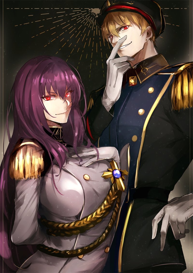 pvc parfait, gilgamesh (cold-blooded warden) (fate), gilgamesh (fate), scathach (fate), scathach (makyou sergeant) (fate), fate/extella, fate/extra, fate (series), commentary request, 1boy, 1girl, aiguillette, arm behind back, belt, black background, black belt, black hat, black jacket, blonde hair, breasts, bright pupils, brooch, buttons, closed mouth, collared jacket, epaulettes, gem, gloves, gradient background, grey background, hair between eyes, hand on own chest, hand on own face, hand up, hat, jacket, jewelry, large breasts, long hair, long sleeves, looking at viewer, military hat, military jacket, military uniform, pendant, purple gemstone, purple hair, red eyes, short hair, smile, sparkle, standing, teeth, visor cap, white gloves, white jacket, white pupils, yellow gemstone