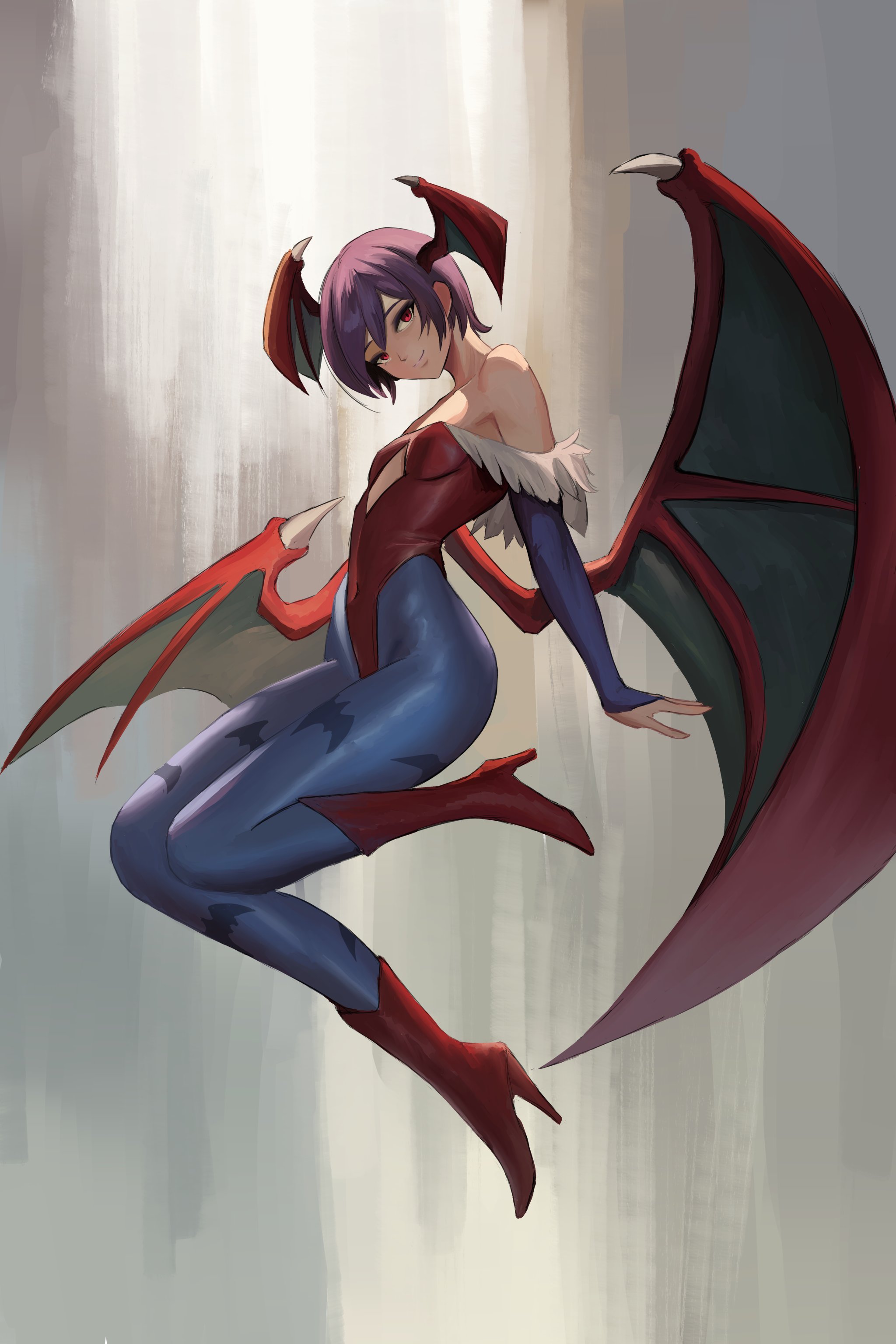 hyakka (momokashinryu14), lilith (darkstalkers), darkstalkers, absurdres, highres, 1girl, bare shoulders, blue pantyhose, boots, breasts, cleavage, demon girl, demon wings, full body, head wings, high heel boots, high heels, highleg, highleg leotard, leotard, multiple wings, pantyhose, purple hair, red boots, red eyes, red leotard, short hair, small breasts, smile, solo, wings