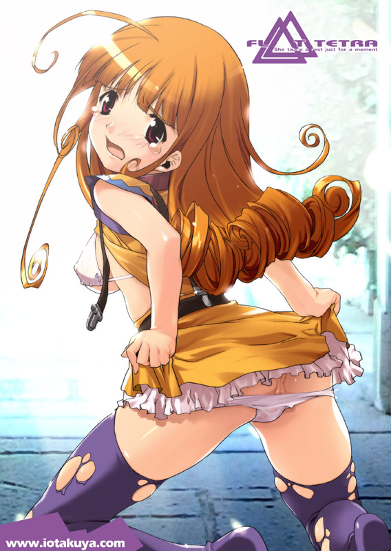 io takuya, alena (dq4), chunsoft, dragon quest, dragon quest iv, enix, 1girl, alternate legwear, bra, clothes lift, female focus, kneeling, lingerie, long hair, looking back, orange hair, panties, panty pull, red eyes, shirt lift, skirt, skirt lift, solo, thighhighs, torn clothes, underwear, yellow skirt