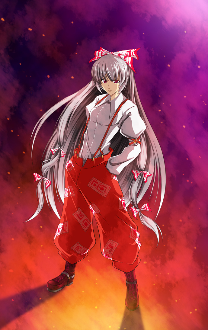 shirahira kousuke, fujiwara no mokou, touhou, 1girl, boots, brown boots, female focus, full body, hands on own hips, knee boots, long hair, long sleeves, looking at viewer, ofuda, red eyes, solo, standing, suspenders, very long hair, white hair