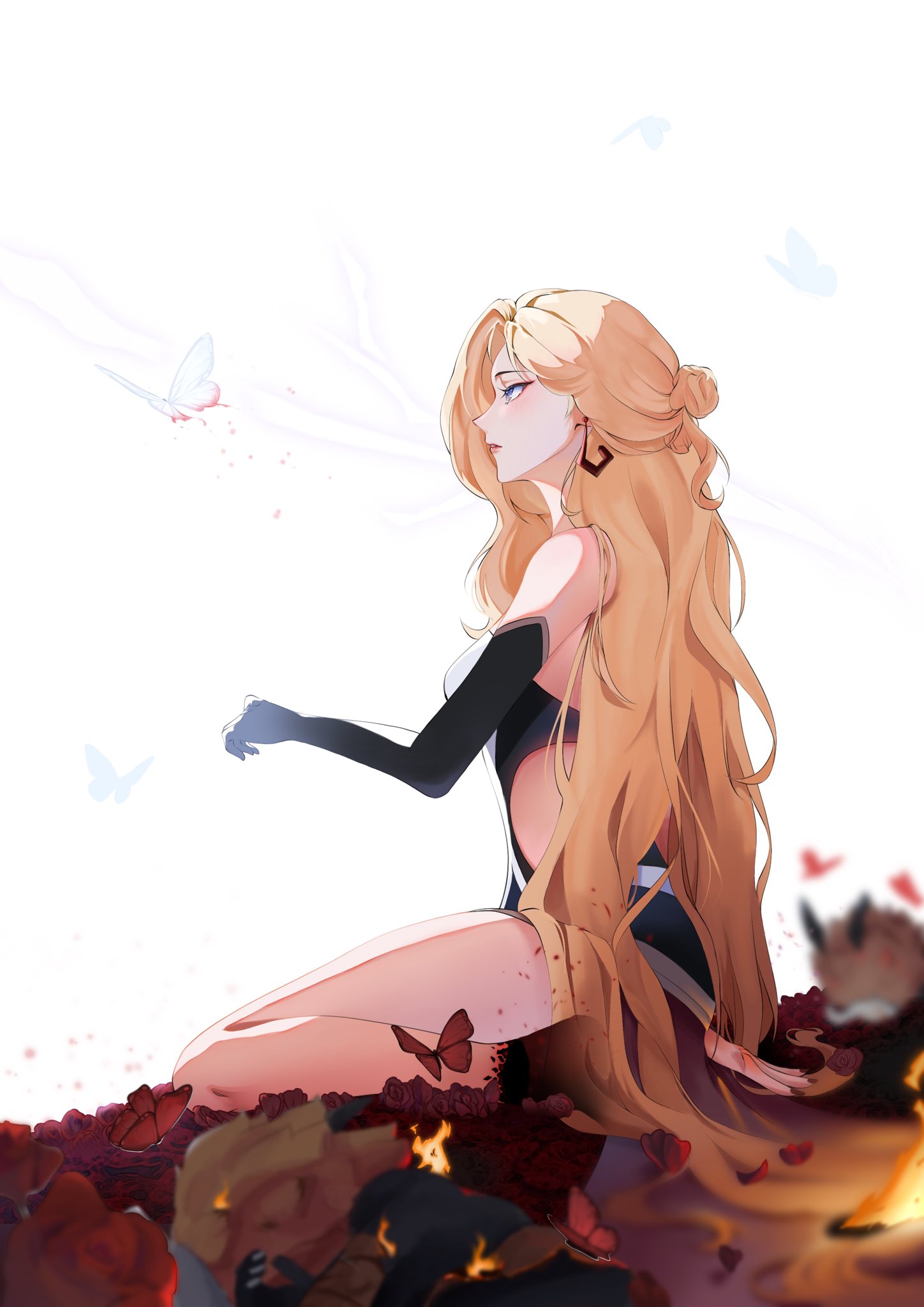 sakarvia, signora (genshin impact), genshin impact, commentary, english commentary, highres, 1girl, bare shoulders, black gloves, blonde hair, blue eyes, bug, butterfly, dress, earrings, elbow gloves, fire, flower, from side, gloves, insect, jewelry, long hair, rose, sitting, solo, very long hair, wariza, white background