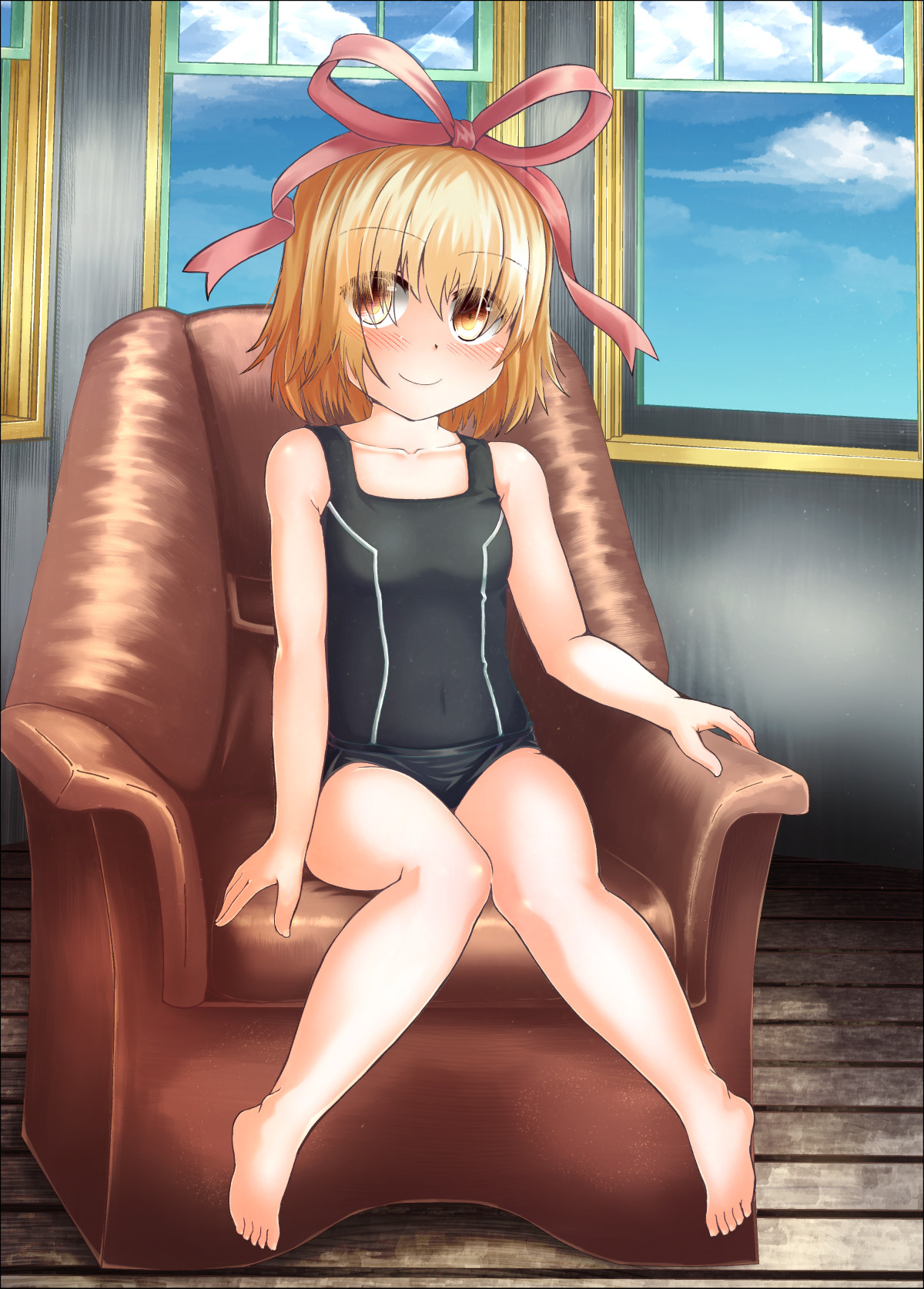 adworse, medicine melancholy, touhou, highres, 1girl, bare arms, bare legs, barefoot, black one-piece swimsuit, blonde hair, blue sky, blush, breasts, chair, cloud, cloudy sky, covered navel, eyes visible through hair, feet, full body, hair over eyes, hair ribbon, indoors, knees together feet apart, looking at viewer, on chair, one-piece swimsuit, open window, orange eyes, pink ribbon, ribbon, short hair, sitting, sky, small breasts, smile, solo, square neckline, swimsuit, white trim, window, wooden floor