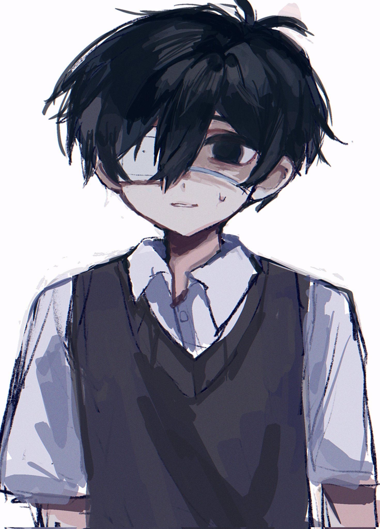 tokkooyaku, sunny (omori), omori, commentary request, corrupted twitter file, highres, spoilers, 1boy, antenna hair, arms at sides, bags under eyes, black eyes, black hair, black sweater vest, chromatic aberration, collared shirt, empty eyes, eyepatch, film grain, grin, male focus, medical eyepatch, no pupils, one eye covered, shirt, short sleeves, simple background, smile, solo, straight-on, sweatdrop, sweater vest, upper body, white background, white shirt