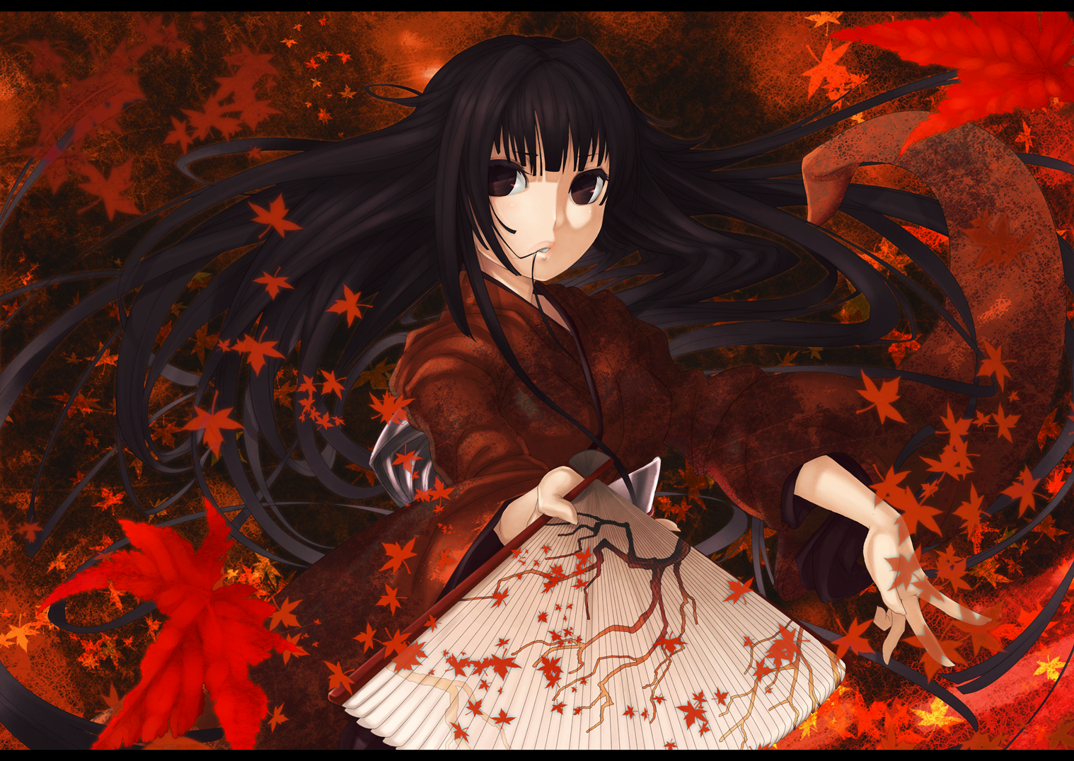 ayaki, original, black hair, hand fan, japanese clothes, kimono, leaf, long hair, red eyes, short hair, solo