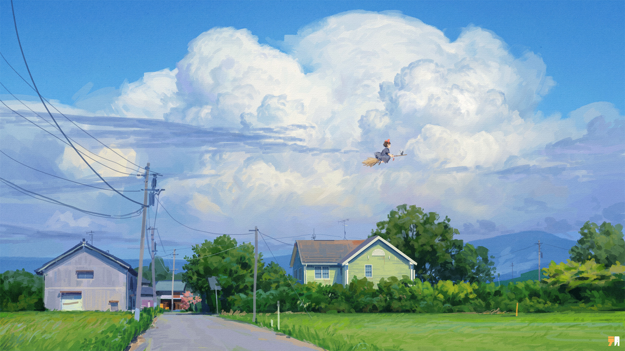 mangshuo, jiji (majo no takkyuubin), kiki (majo no takkyuubin), majo no takkyuubin, highres, 1girl, artist logo, black cat, black hair, blue dress, blue sky, bow, broom, broom riding, bush, cat, cloud, cloudy sky, cumulonimbus cloud, dated commentary, day, dress, flying, grass, hair bow, house, logo, mountain, outdoors, power lines, red bow, rural, scenery, short hair, sky, solo, tree, utility pole, witch