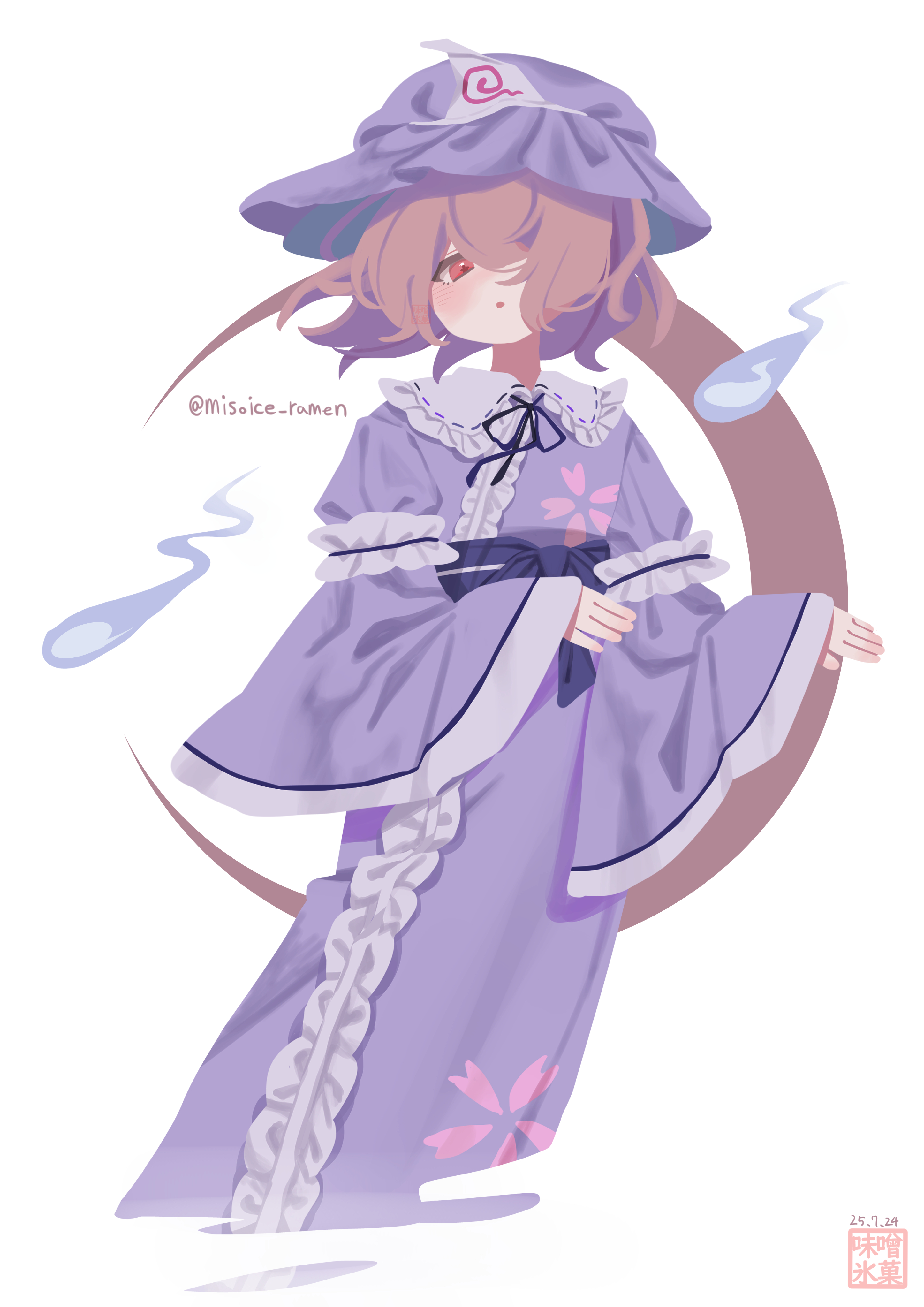 misoice ramen, saigyouji yuyuko, touhou, absurdres, commentary, highres, 1girl, :o, dated, expressionless, frills, ghost pose, hat, hitodama, japanese clothes, kimono, long sleeves, looking at viewer, medium hair, one eye covered, petal print, pink eyes, pink hair, purple kimono, solo, twitter username, white background