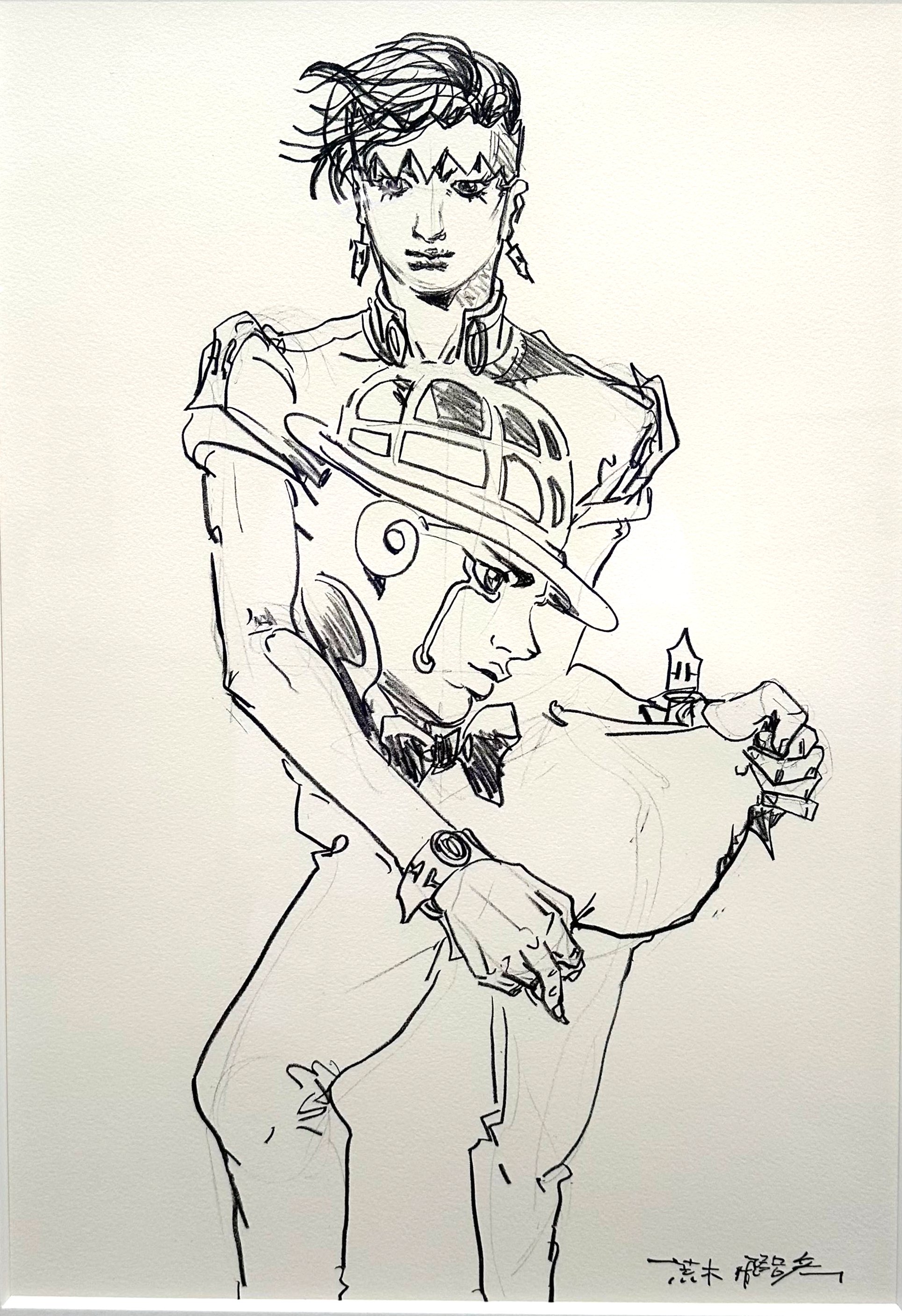 araki hirohiko, heaven's door, kishibe rohan, diamond wa kudakenai, jojo no kimyou na bouken, absurdres, commentary, english commentary, highres, official art, second-party source, traditional media, 1boy, 1other, bow, bowler hat, bowtie, buttons, earrings, greyscale, hat, hatching (texture), headband, high collar, jewelry, male focus, monochrome, nib pen (object), official alternate costume, pants, pen, short hair, short sleeves, signature, stand (jojo), watch, wristwatch