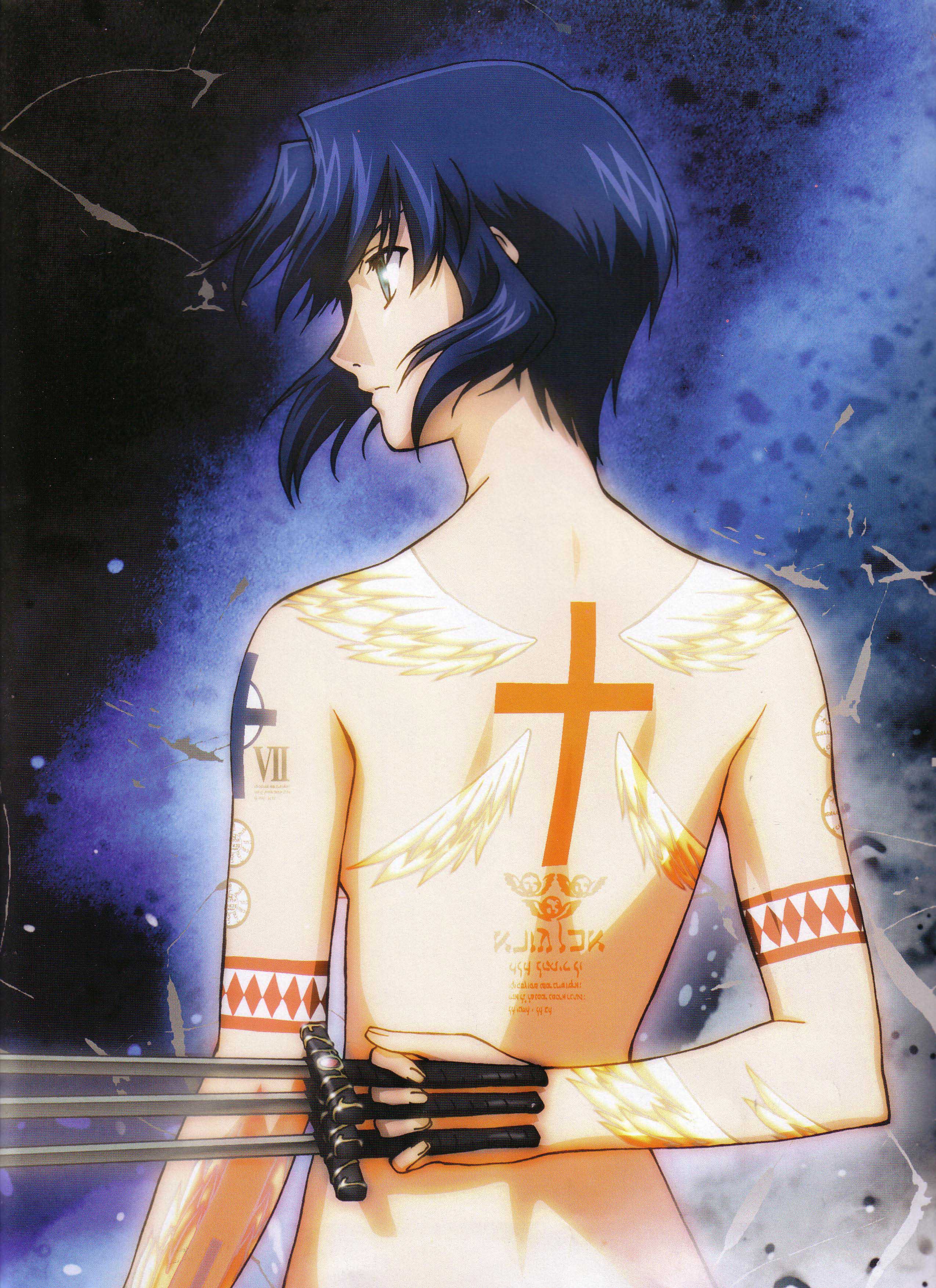 ciel (tsukihime), tsukihime, absurdres, highres, scan, 00s, 1girl, back, back tattoo, between fingers, black keys (type-moon), blue eyes, blue hair, cross, female focus, holding, knife, matching hair/eyes, nude, short hair, solo, tattoo, triple wielding