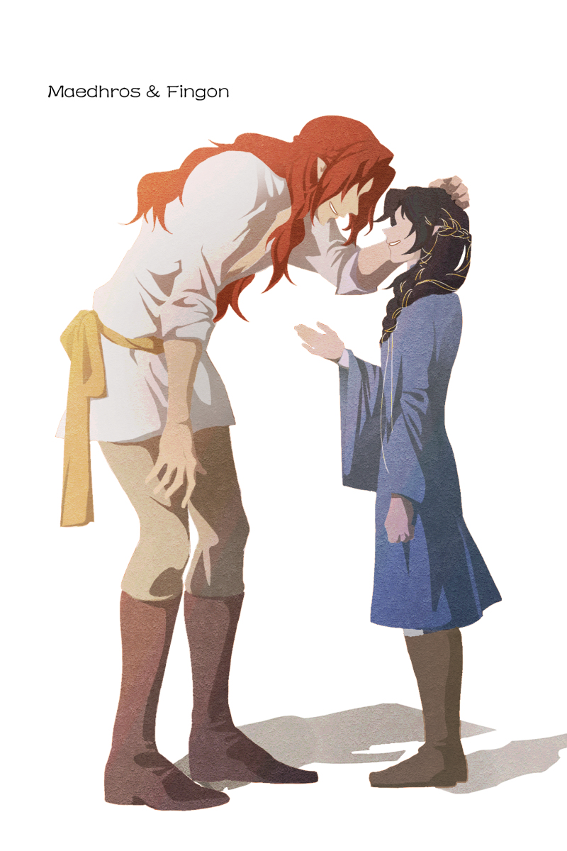 moriya toma, fingon, maedhros, the silmarillion, tolkien's legendarium, 2boys, age difference, black hair, boots, bowing, braid, character name, cousins, crown braid, elf, hand on another's head, height difference, leaning forward, long hair, male focus, multiple boys, no eyes, parted lips, pointy ears, red hair, shadow, simple background, smile, teeth, white background
