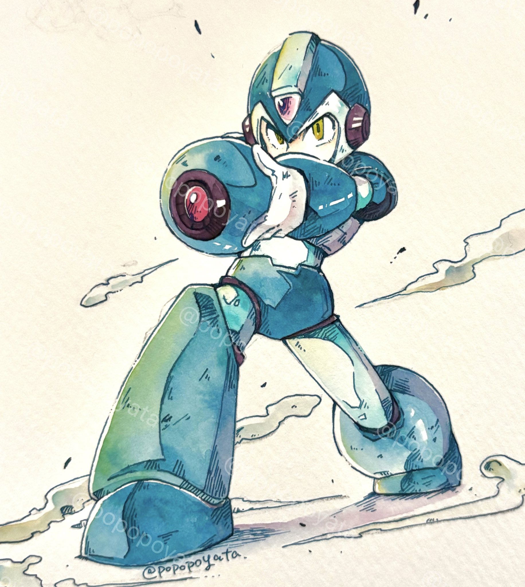 popopoyata, x (mega man), mega man (series), mega man x (series), highres, 1boy, aiming, arm cannon, armor, blue armor, blue helmet, forehead jewel, full body, green eyes, grey background, helmet, male focus, simple background, solo, twitter username, watermark, weapon