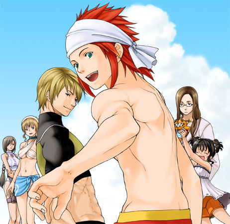 miya taira, anise tatlin, guy cecil, jade curtiss, luke fon fabre, natalia luzu kimlasca lanvaldear, tear grants, tales of (series), tales of the abyss, lowres, 00s, 3boys, 3girls, alternate costume, bikini, blonde hair, brown hair, glasses, green eyes, long hair, multiple boys, multiple girls, official alternate costume, one-piece swimsuit, red hair, smile, swimsuit, twintails