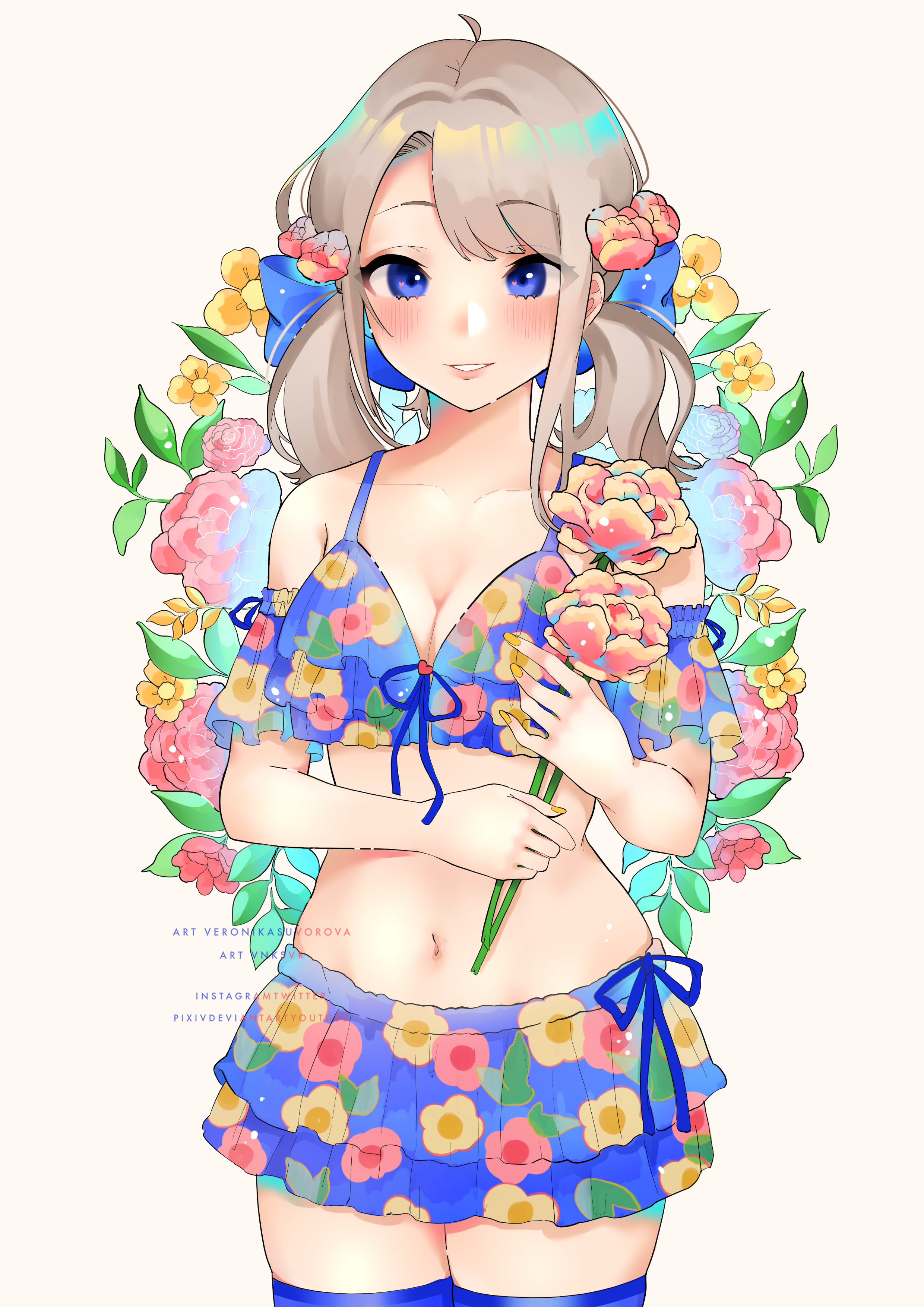 original, absurdres, commentary, highres, 1girl, artist name, bikini, blue bikini, blue eyes, blush, breasts, cleavage, cowboy shot, fingernails, floral print, floral print bikini, flower, front-tie bikini top, front-tie top, grey hair, hair flower, hair ornament, holding, holding flower, looking at viewer, medium breasts, medium hair, nail polish, navel, parted bangs, parted lips, pink flower, print bikini, smile, solo, stomach, swept bangs, swimsuit, thighs, twintails, vyeranika, white background, yellow nails