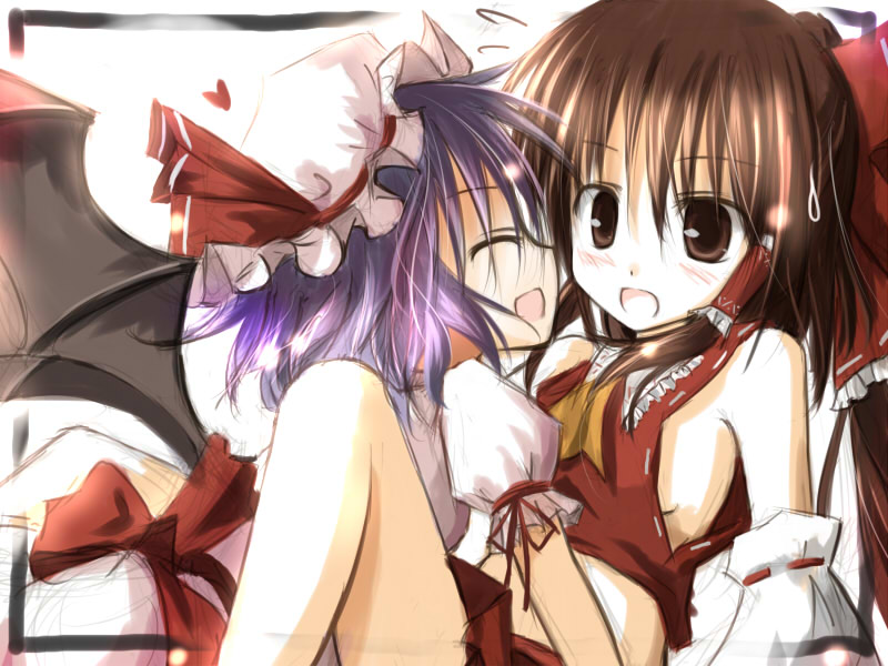 mashayuki, hakurei reimu, remilia scarlet, touhou, 2girls, bat wings, black hair, blue hair, bow, brown eyes, detached sleeves, female focus, hair bow, hat, heart, japanese clothes, miko, multiple girls, ponytail, ribbon, sketch, wings