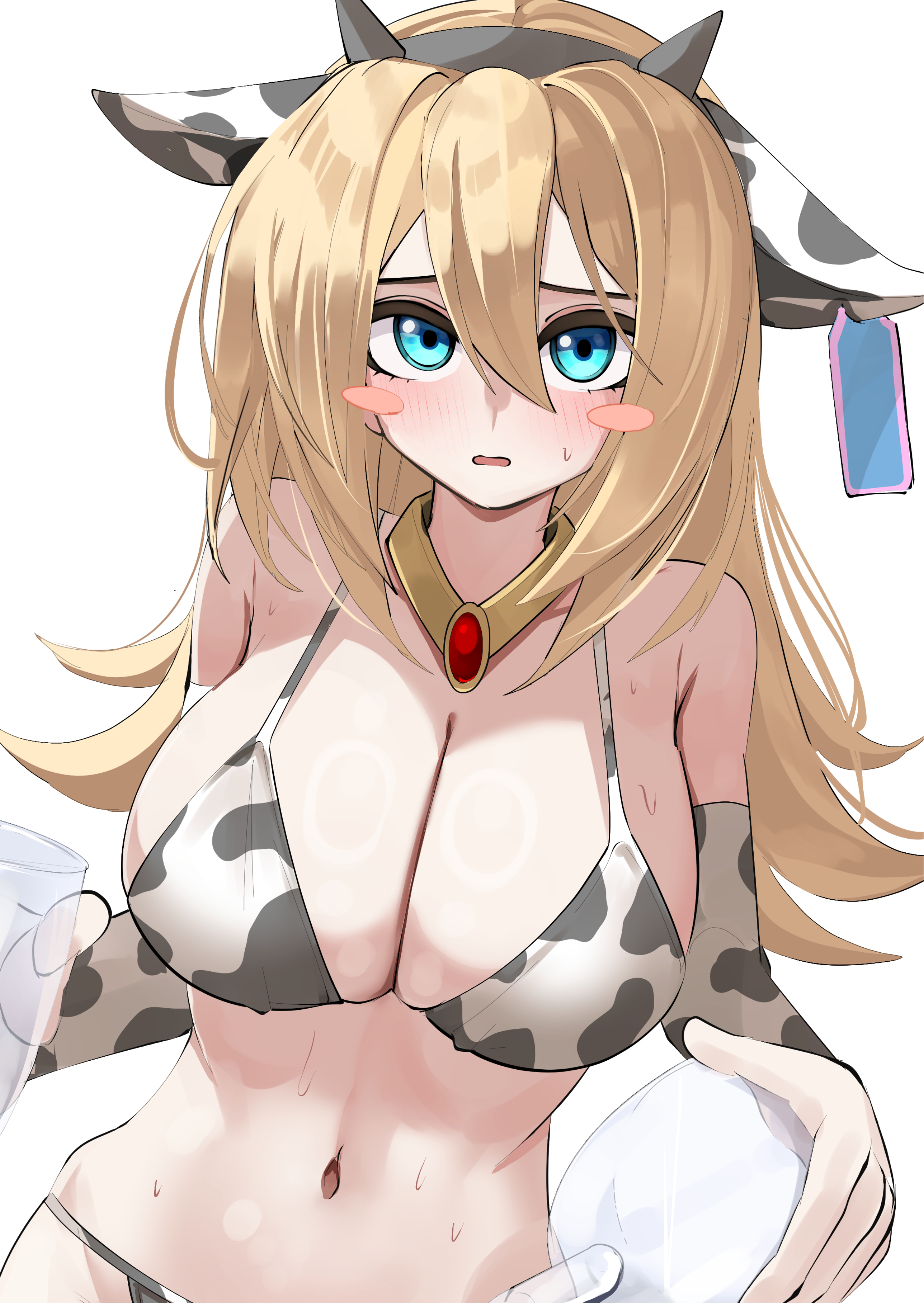 cotan (actancyaga), dark magician girl, yu-gi-oh!, absurdres, commentary, highres, 1girl, animal print, bare shoulders, bikini, black bikini, blonde hair, blue eyes, blush, blush stickers, breasts, collarbone, cow print, cow print bikini, duel monster, horns, large breasts, long hair, multicolored bikini, navel, print bikini, simple background, solo, sweat, swimsuit, two-tone bikini, upper body, white background, white bikini