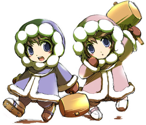 ice climbers, nana (ice climber), popo (ice climber), ice climber, nintendo, lowres, 1boy, 1girl, blue eyes, brown hair, gloves, hammer, hood, siblings, twins