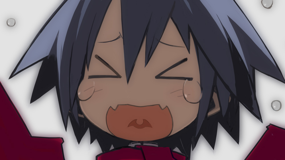 harada takehito, almaz von almadine adamant, disgaea, makai senki disgaea 3, nippon ichi, > <, 1boy, blue hair, close-up, closed eyes, fangs, male focus, open mouth, sad, solo, spiked hair, tears